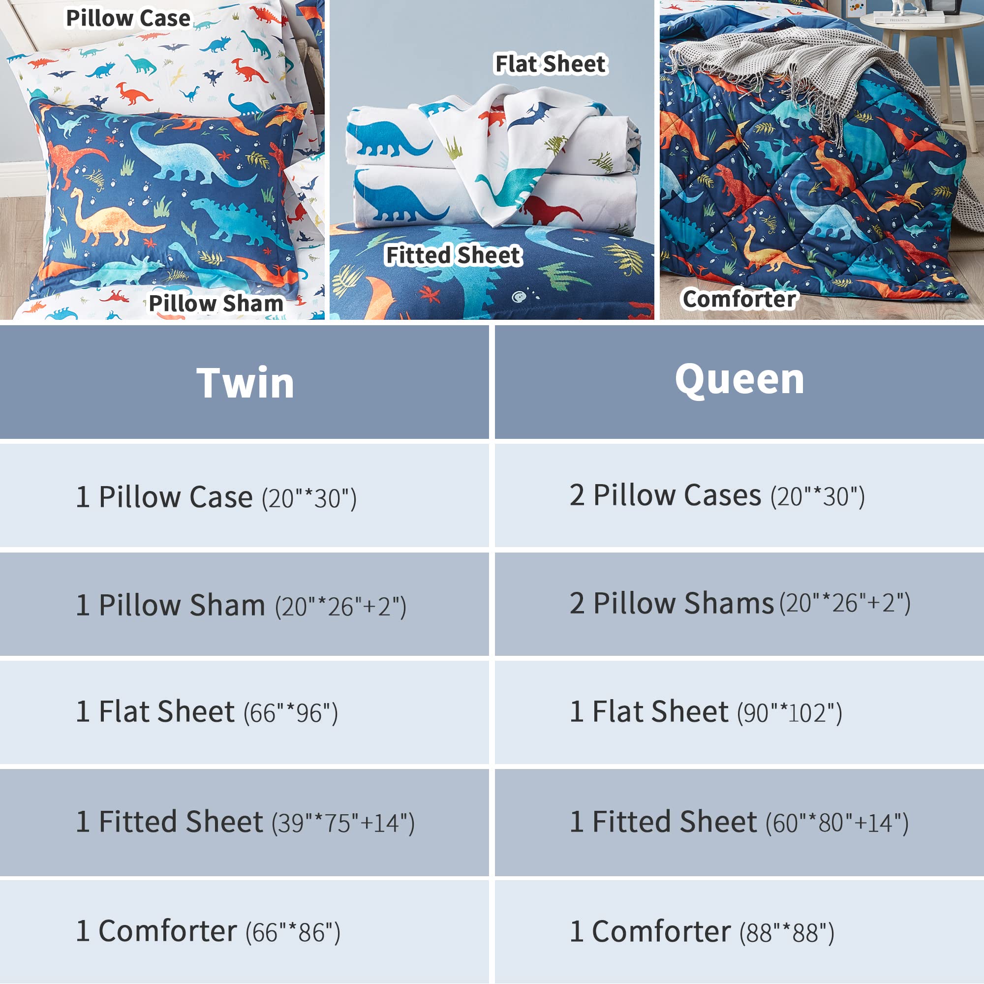 Juego de edredón para niños, 7 piezas, suave, ligero, dinosaurio, con sábanas, cama en una bolsa, juego de edredón duradero para niños tamaño Queen 7