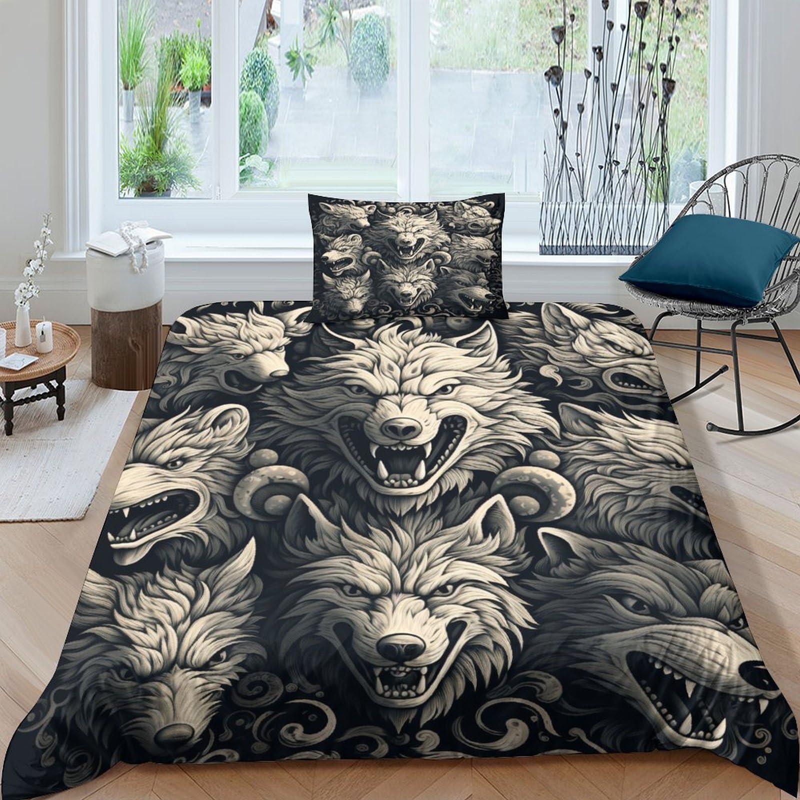 Housse de couette loup zippée anti-glisse parure de lit 3D 135x200