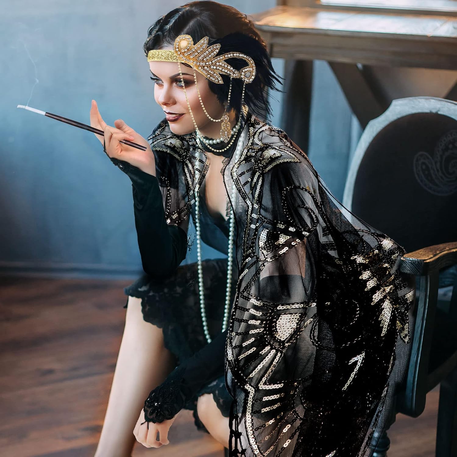 5 Pcs 1920s Accessories Set Flapper Feather Headband Pearl Necklace Earrings Gloves Fringed Evening Cape Scarf for Women - Image 6