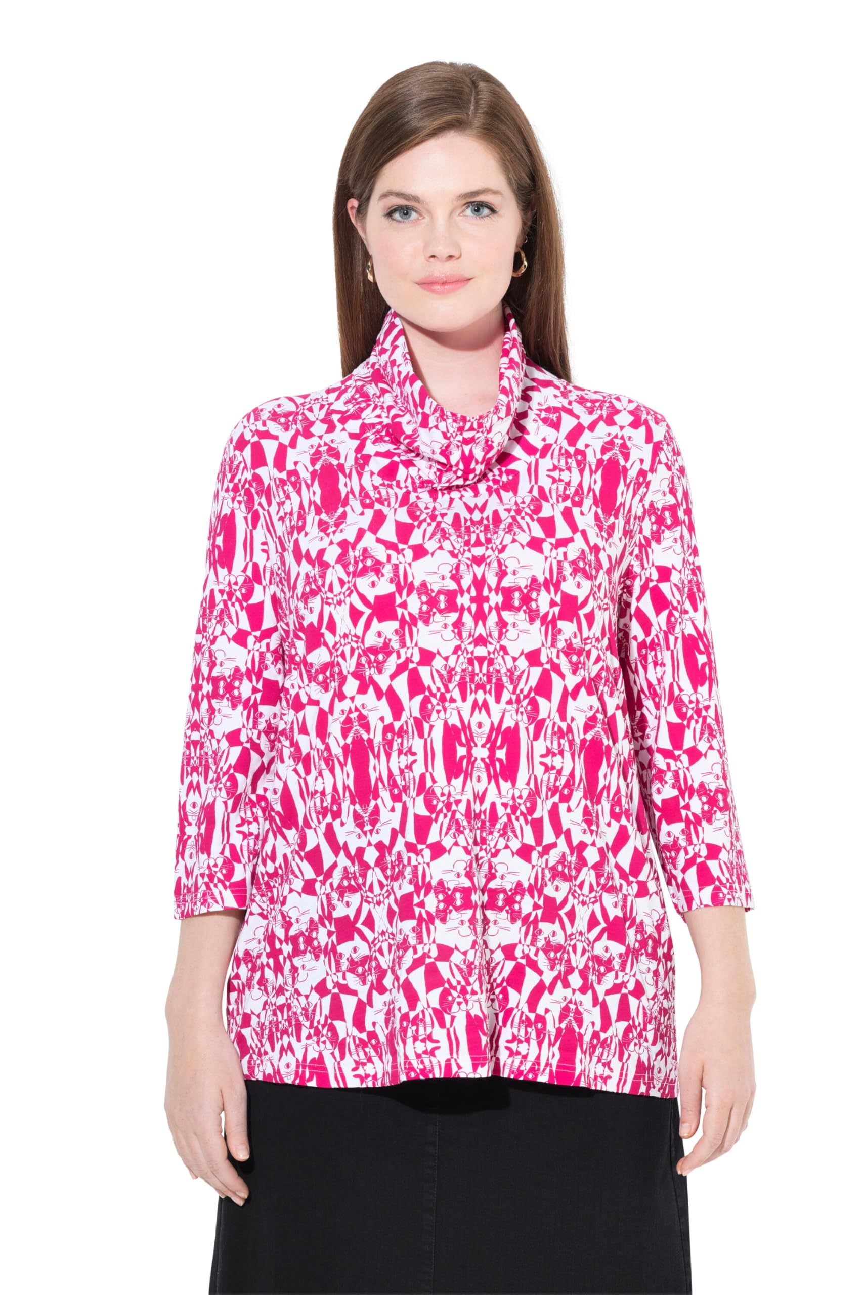 Ulla Popken Damen große Größen Übergrößen Plus Size Shirt, Katzen, Classic, Wasserfallkragen, 3/4-Arm 841155