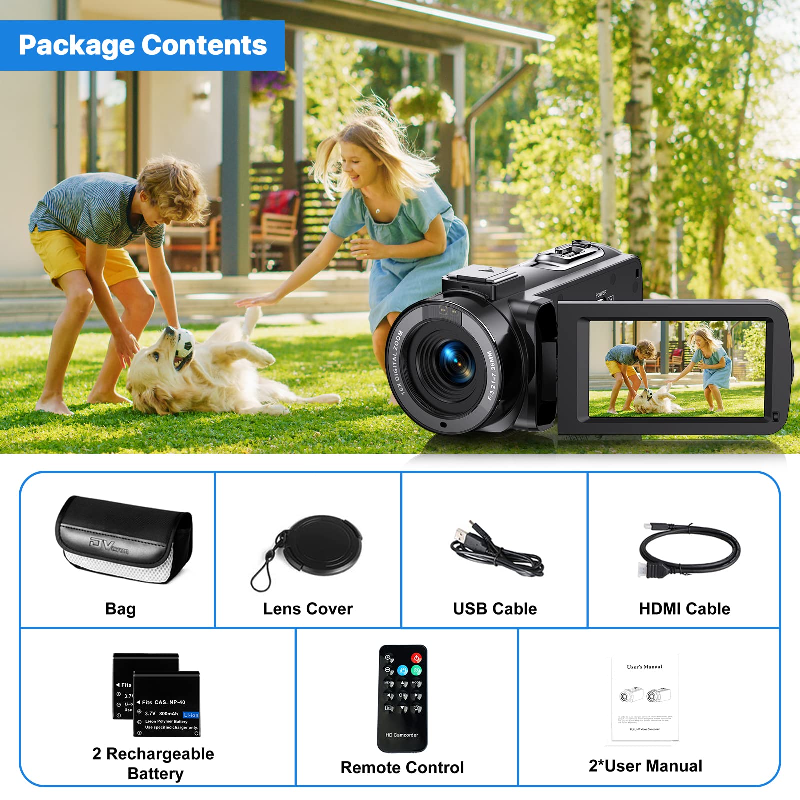 Videocamera Digitale FHD 1080P Camcorder 30FPS Vlogging Camera per Youtube 16X Zoom Digitale e IR Visione Notturna 3.0" IPS Schermo Videocamera Camcorder con 2 Batterie e Telecomando