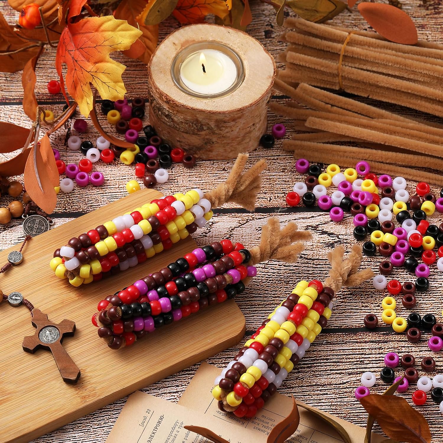 Vicenpal 12 Sets Fall Beaded Pipe Cleaner, DIY Indian Corn Craft Kits