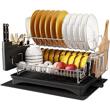 MAJALiS 304 Stainless Steel Large Capacity Dish Drying Rack, 2 Tier Dish Drying Rack with Dish Drainer for Kitchen Countertop, Bonus Microfiber Mat and 4pcs Cleaning Cloths (Black(2 Tiers))