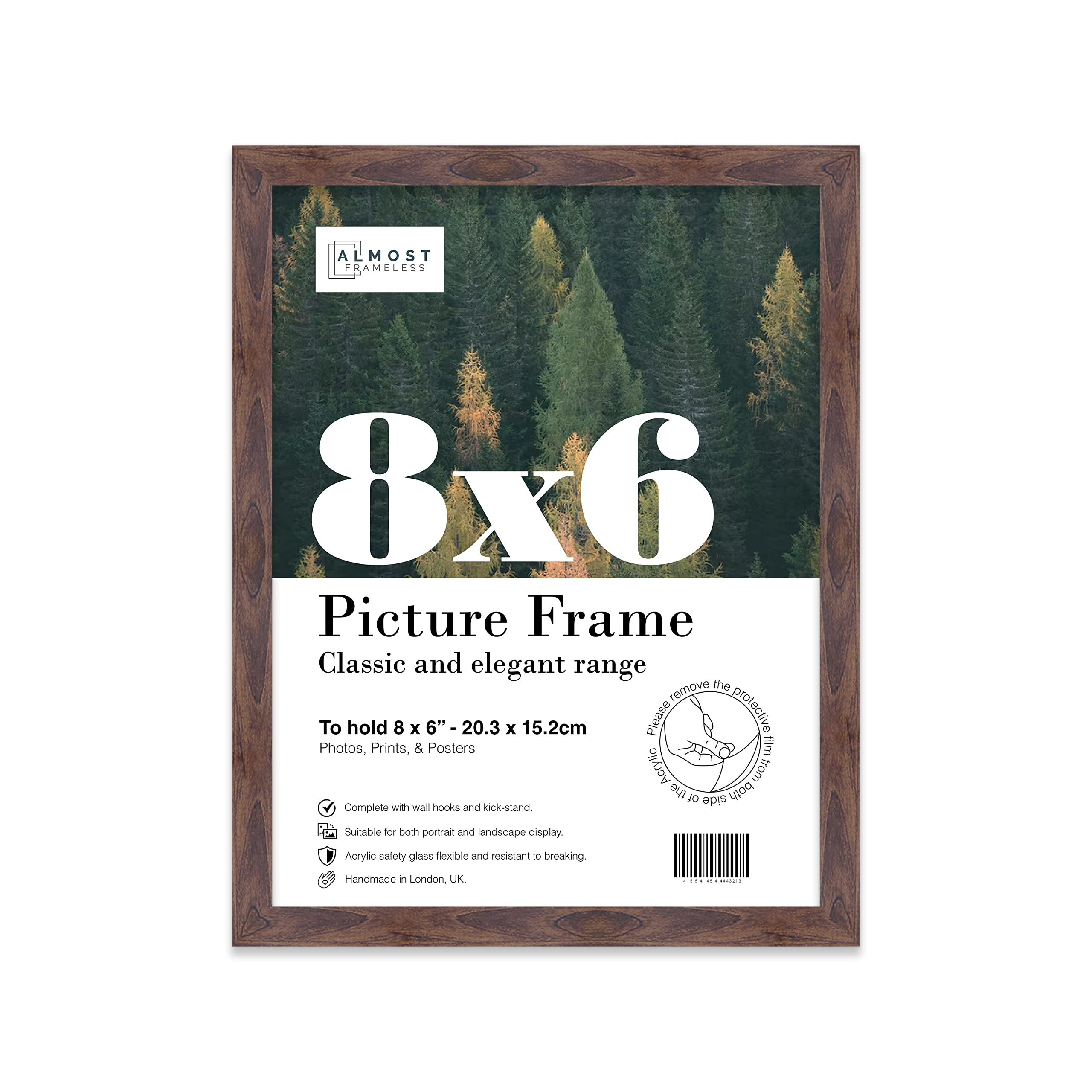 Almost Frameless 8x6 Walnut Picture Frame 8"x6"(20.3x15.2cm) Poster, Photo, Artwork, or Print. Thin Edge Slim Frame Portrait and Landscape Display with Wall Hooks