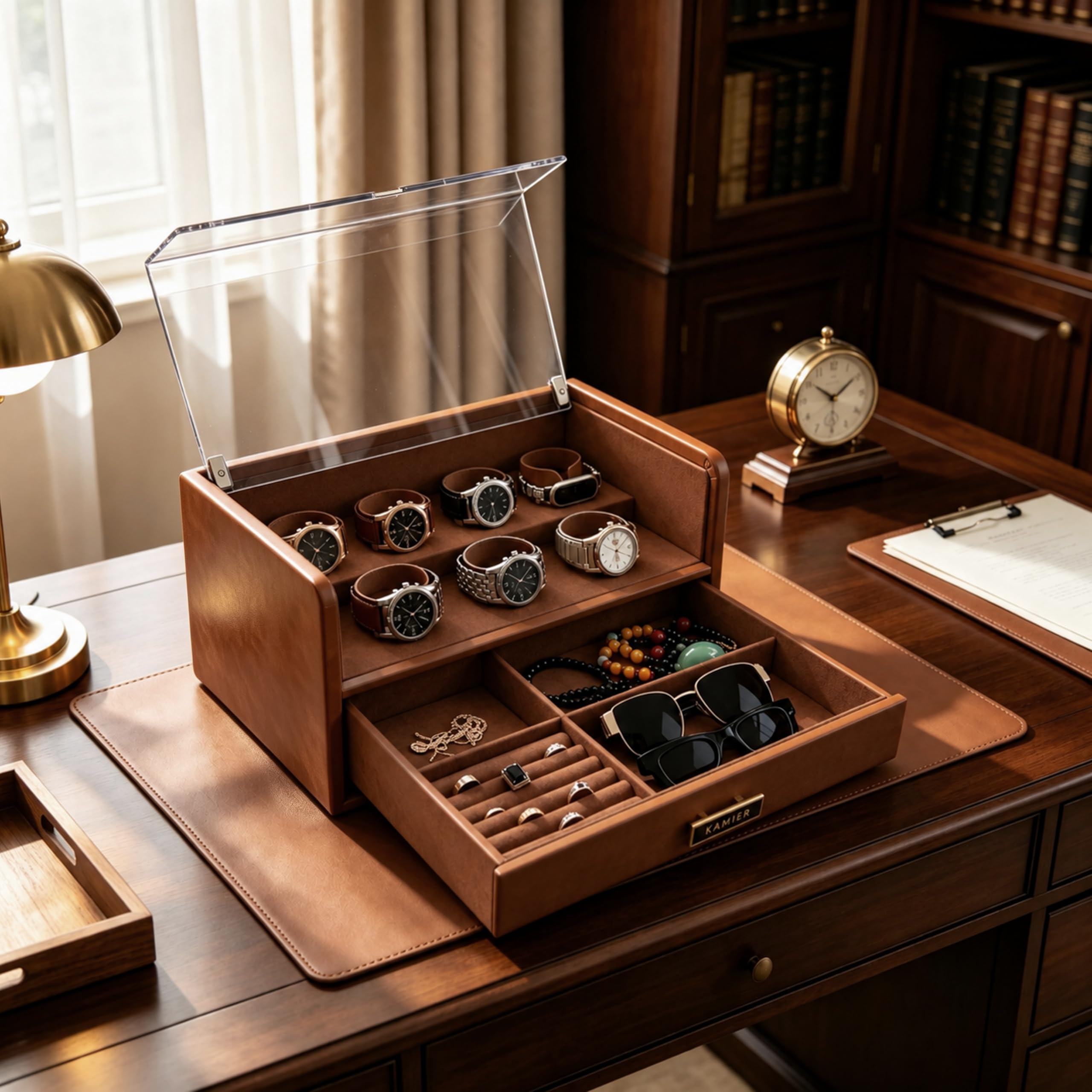 KAMIER Boîte à Montres à 7 Emplacements, Vitrine à Montres en Cuir PU | Avec Couvercle en Verre & Tiroir, Doublure Intérieure en Velours Doux, Rangement Premium pour Montres, Lunettes et Bijoux