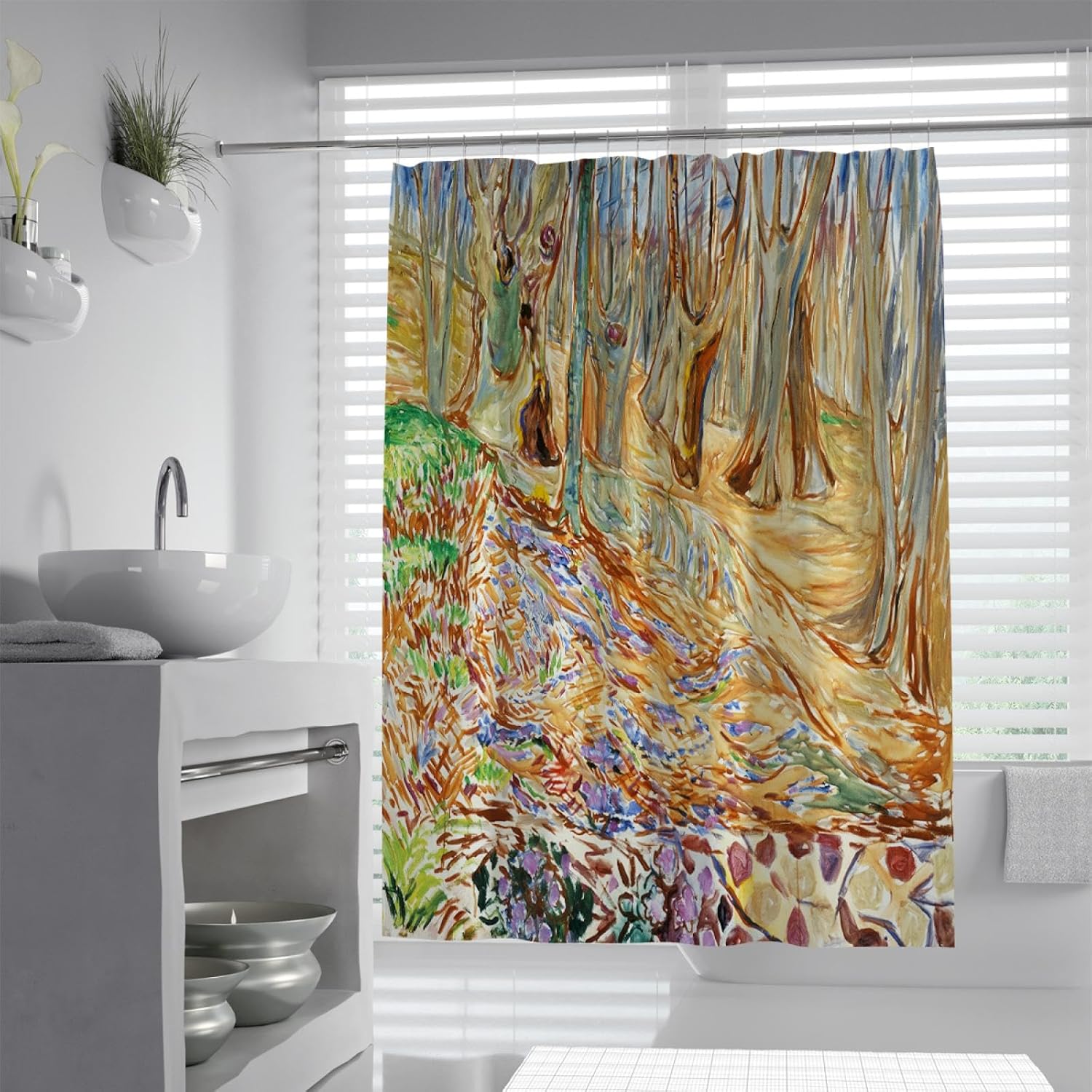 Forest in Spring Shower Curtain with Hooks Fabric Bath Curtain Grommet Holes Modern Home Decor Abstract Brown Leave Shower Curtain 54W x 78L(in)