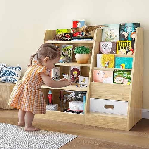 Miniatura 7 de oneinmil Estantería triple ancha de 5 niveles con 2 cajones estantes rústicos Etagere para oficina en casa estantería de madera y metal de estilo