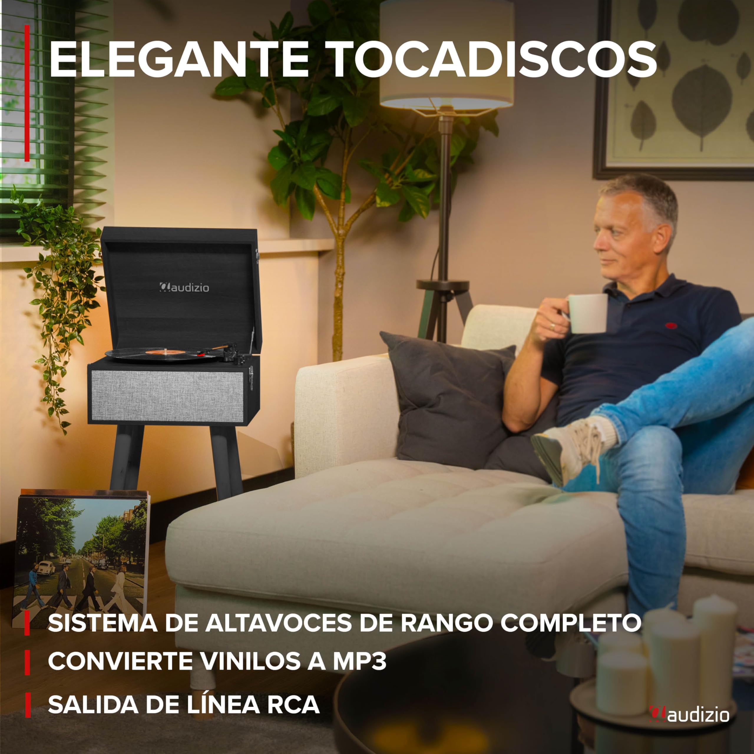 Audizio Fremont - Tocadiscos Retro con Patas de Madera, Bluetooth bidireccional, USB para digitalizar vinilos, Altavoces estéreo, RCA, 3 velocidades, Entrada AUX y Salida de Auriculares Color Negro