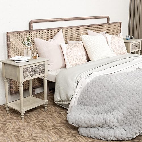 Miniatura 7 de HOMPUS Mesita de noche de 18 x 14 x 265 pulgadas con patrones de tallado de cajón mesa auxiliar de madera con estante de almacenamiento mesa