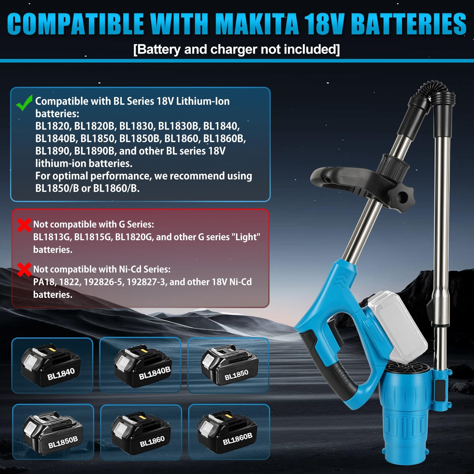 Soffiatore per foglie a batteria compatibile con Makita 18V | Velocità aria 63 m/s, Pressione 750 g, per Foglie, Neve, Polvere e Detriti