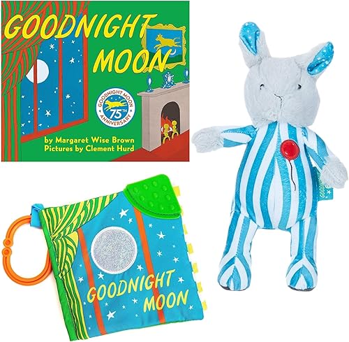 Goodnight Moon Board Book de Margaret Wise Brown, Beanbag Bunny Peluche de peluche y Good Night Moon Baby Soft Book Toy con clip sobre la marcha (un