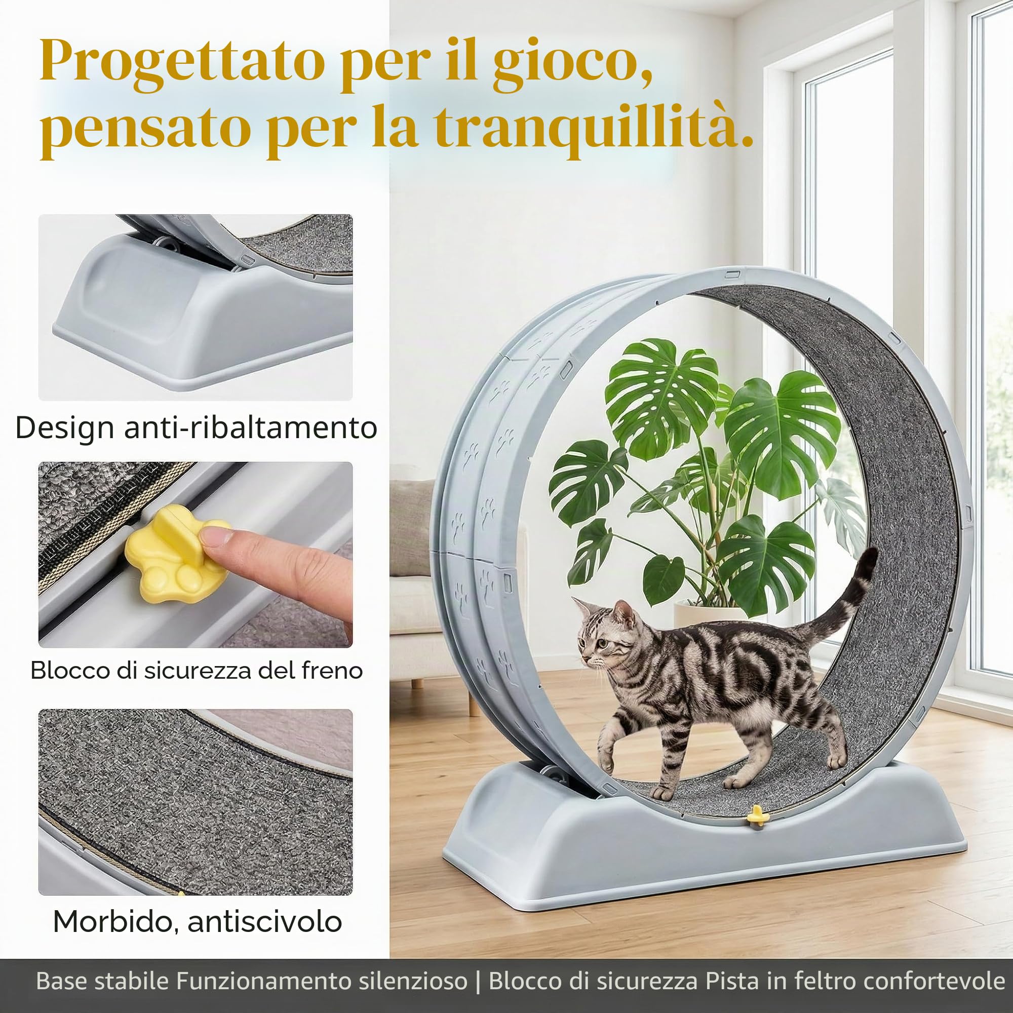 Bicicletta da passeggio per gatti, tapis roulant da 80 cm per gatti, con freno di sicurezza e morbido tessuto interno per gatti domestici per allenarsi, correre e tenersi occupati