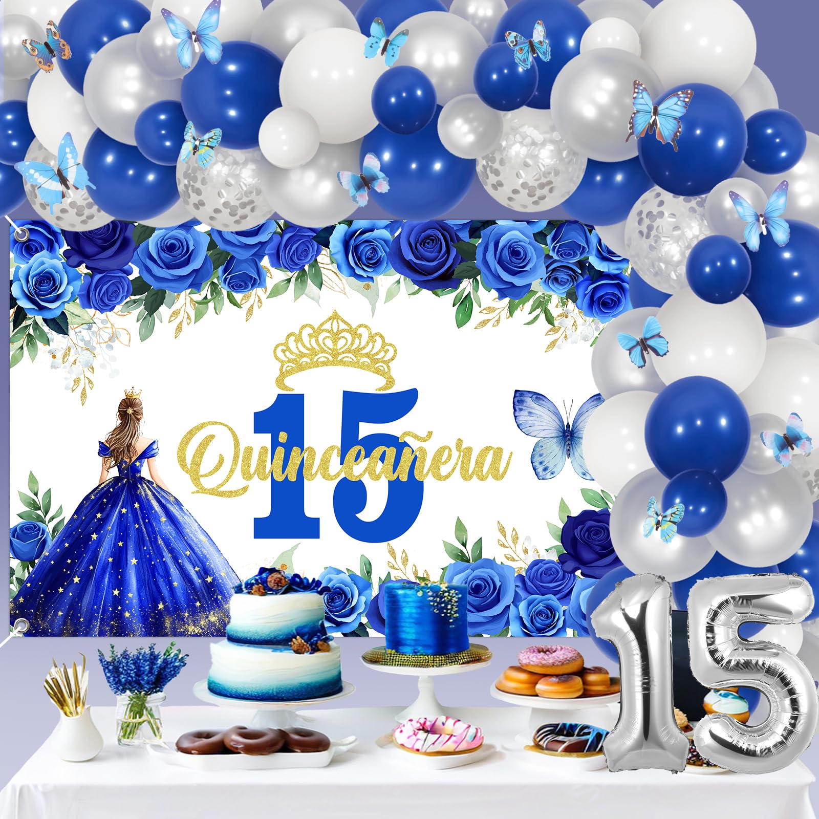 Quinceañera 15th Birthday Decorations Kit - 80 Pc Blue & Silver Balloon Garland Arch & Banner Set - View #5