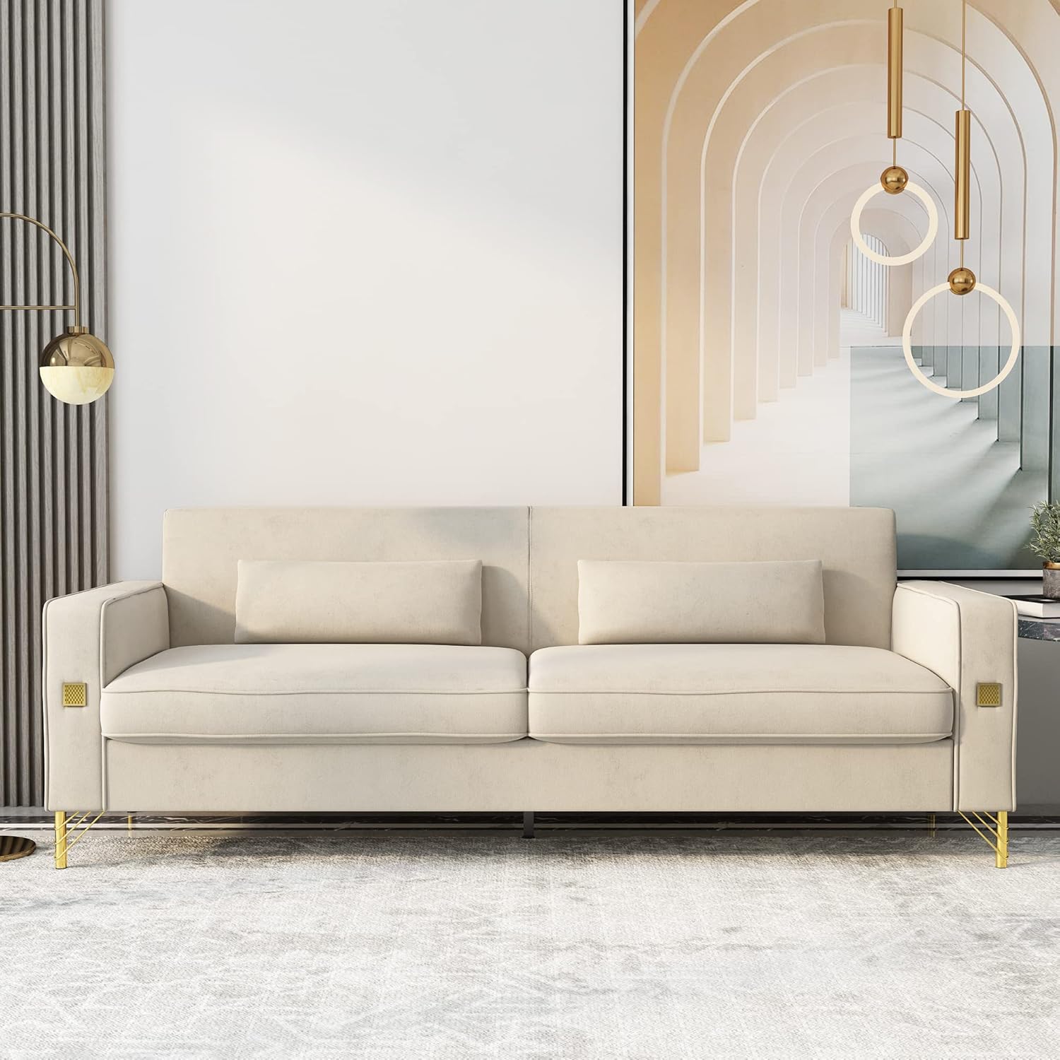 Hommoo 85" Velvet Sofa with Deep Seat, 3 Seater Couch for Living Room Bedroom Office, Small Loveseat with Detachable Cover, Modern Sofa Comfy Fabric with Throw Pillows Gold Metal Leg Beige