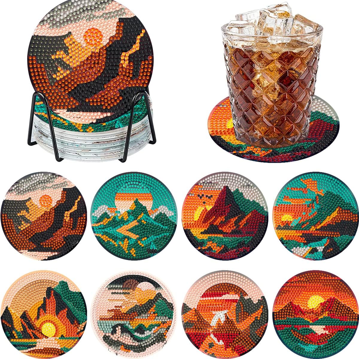 BIGTHREE DIY Diamond Painting Coasters Kit with Holder, 8 Pcs Includes Tools Accessories, Perfect Craft Project for Families DIY Enthusiasts, Enhances Decor Practical Use in Any Setting (E Style)