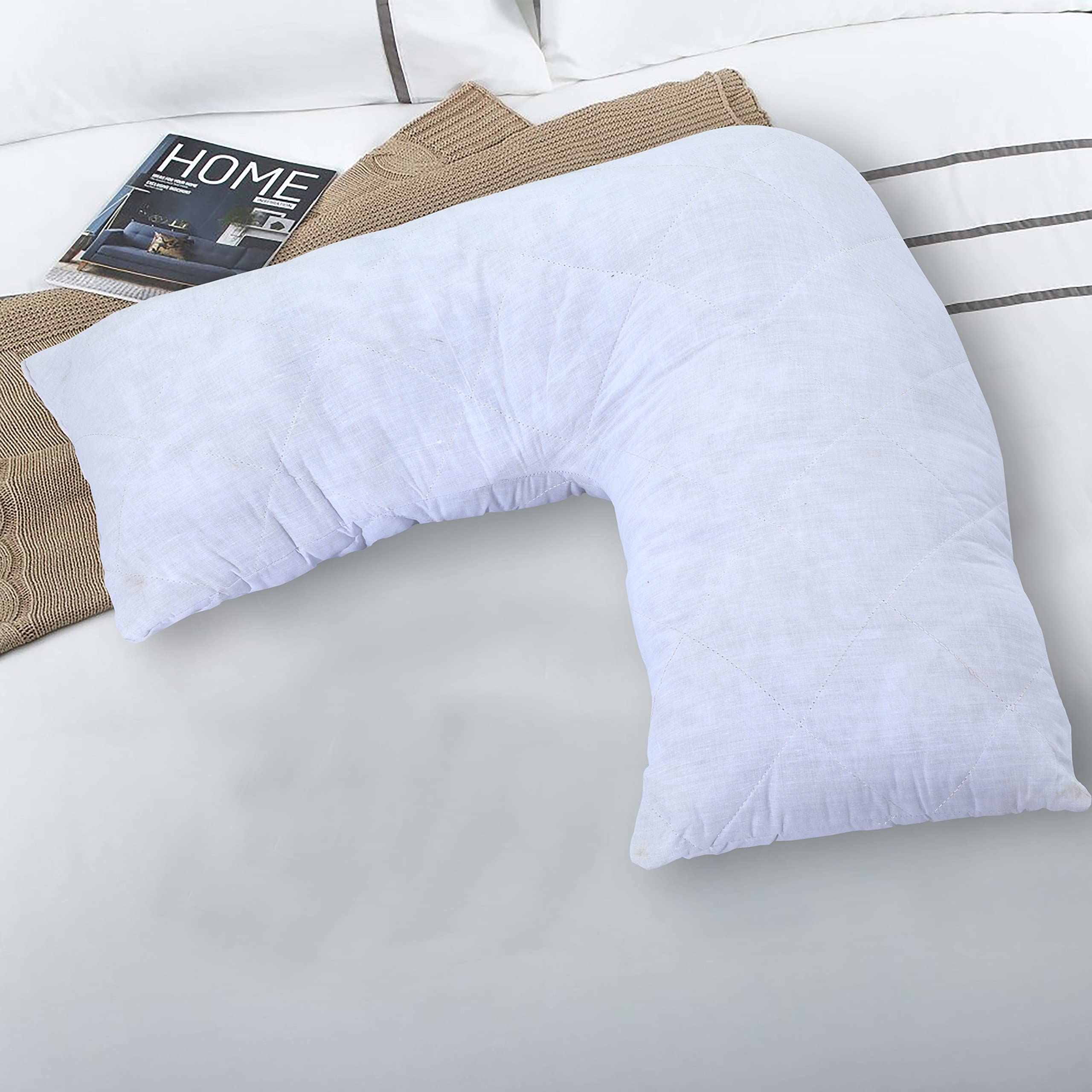 Quilted V Shaped Extra Filled Multi-Purpose Support Pillow- Virgin hollow Fibre Filled orthopaedic/Nursing Support V Pillow with 100% Poly Cotton Cover- 74 x 34cm