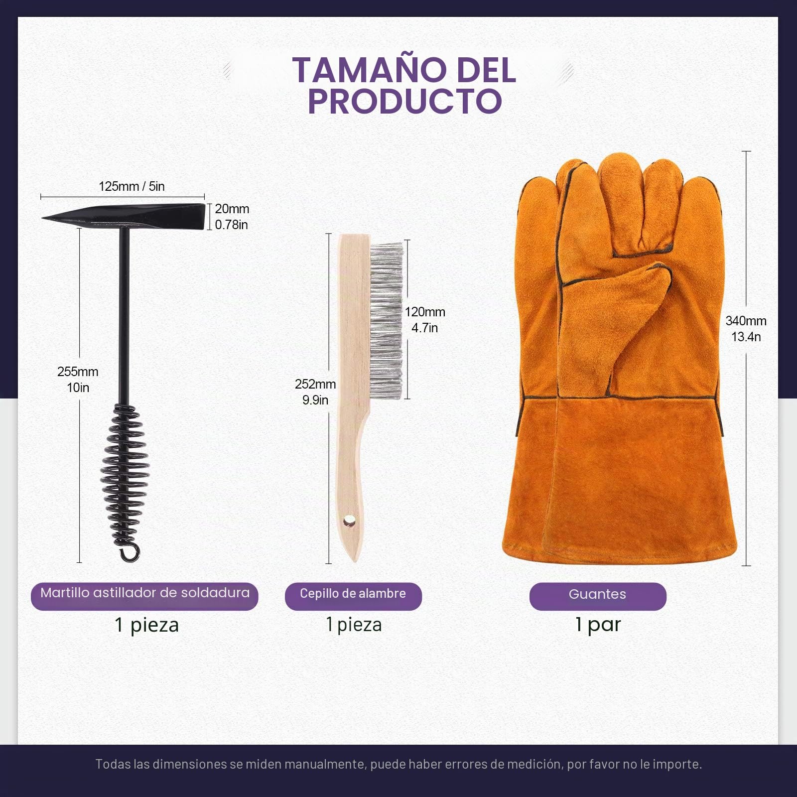 Sweet 4 martillos cepillo de alambre, herramienta de eliminación de escoria, guantes de soldadura, martillo de 10 pulgadas con mango de resorte