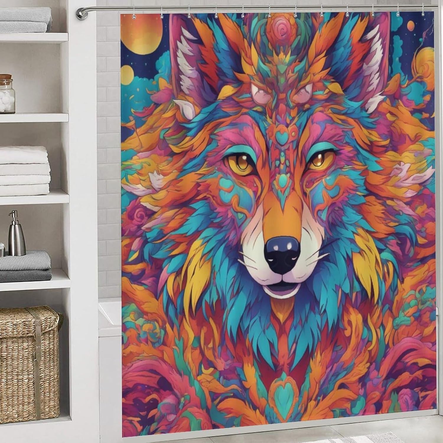 2 Pcs Wolf Wild Animal Shower Curtain Set Psychedelic Feather Wolf Shower Curtains for Bathroom Waterproof Bath Curtain with 12 Hooks Cute Doormat for Kids Bathroom Mat