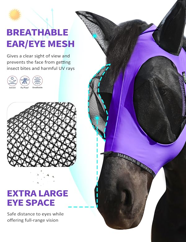 Harrison Howard Horse Fly Mask with Forelock Opening Stretch Breathable and Comfortable for Horses UV -Protection Purple L by Harrison Howard - Used condition - Image 2