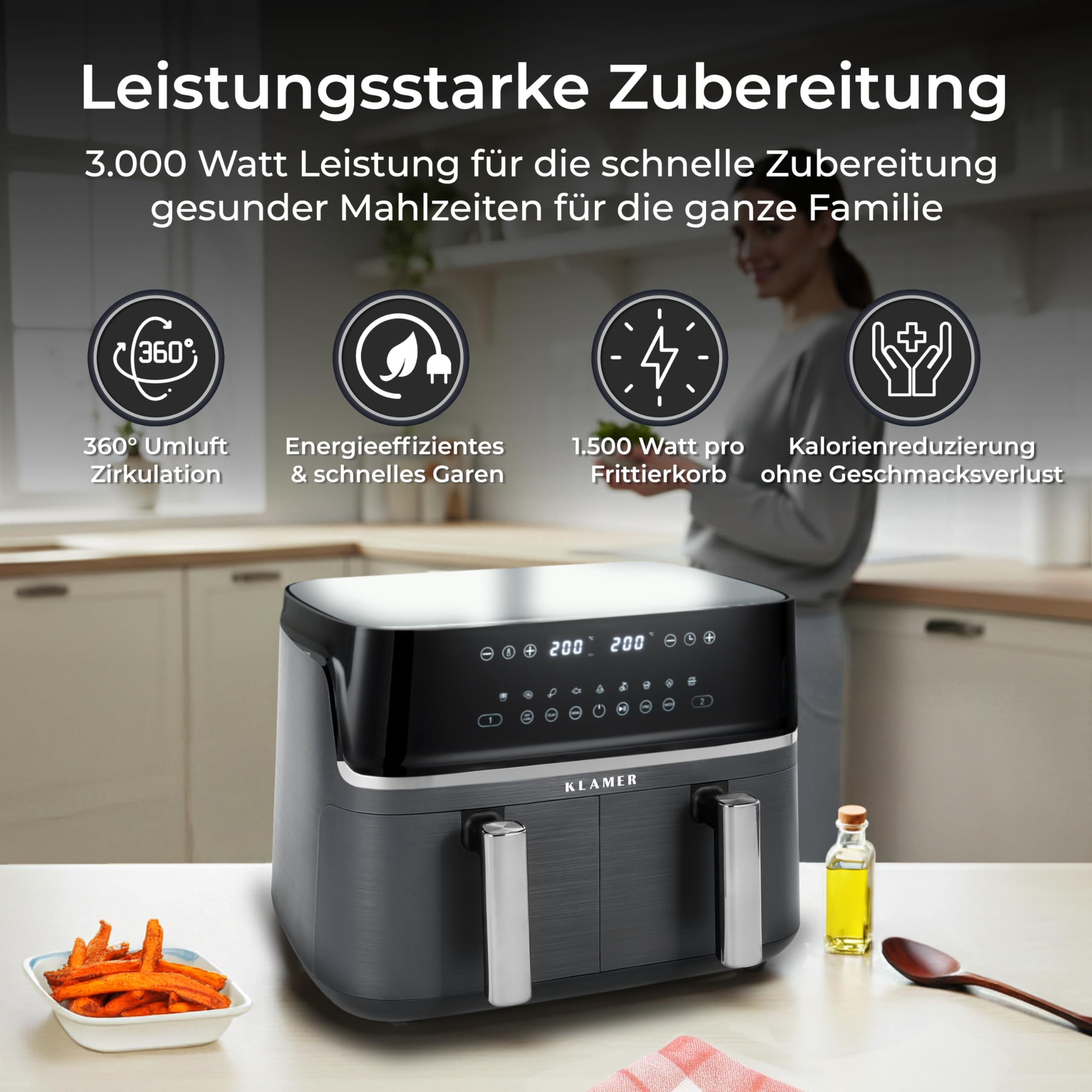 KLAMER Heißluftfritteuse Duo 9 L – Doppelkammer Airfryer mit 2 Körben & Digitaldisplay, 10 Automatikprogramme, Dual-Funktion, Timer, 3000 W Heißluft-Zirkulation, spülmaschinengeeignet