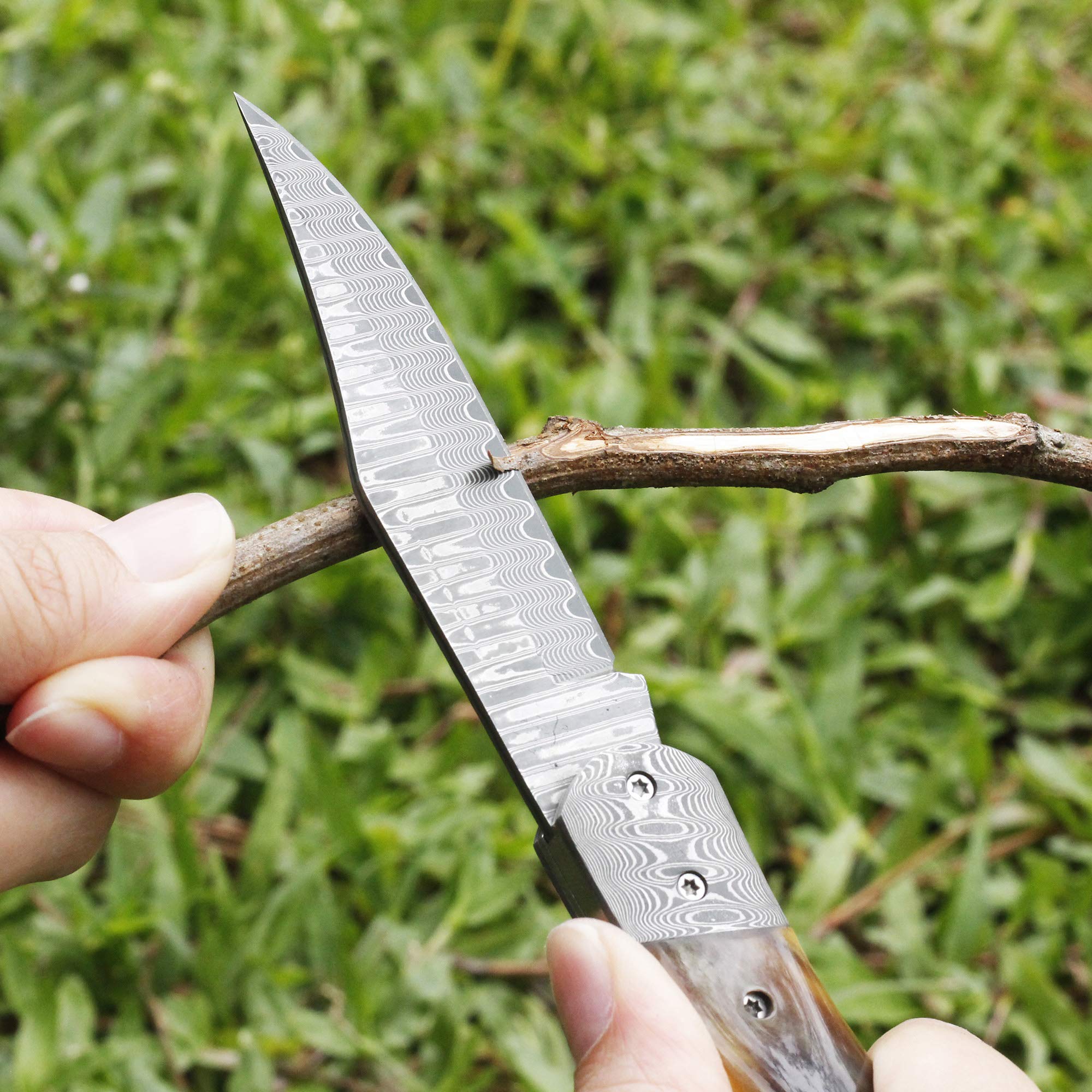 YOUSUNLONG Couteau pliant utilitaire 195 mm - Lame en acier Damas - Outil de poche pour usage quotidien et plein air