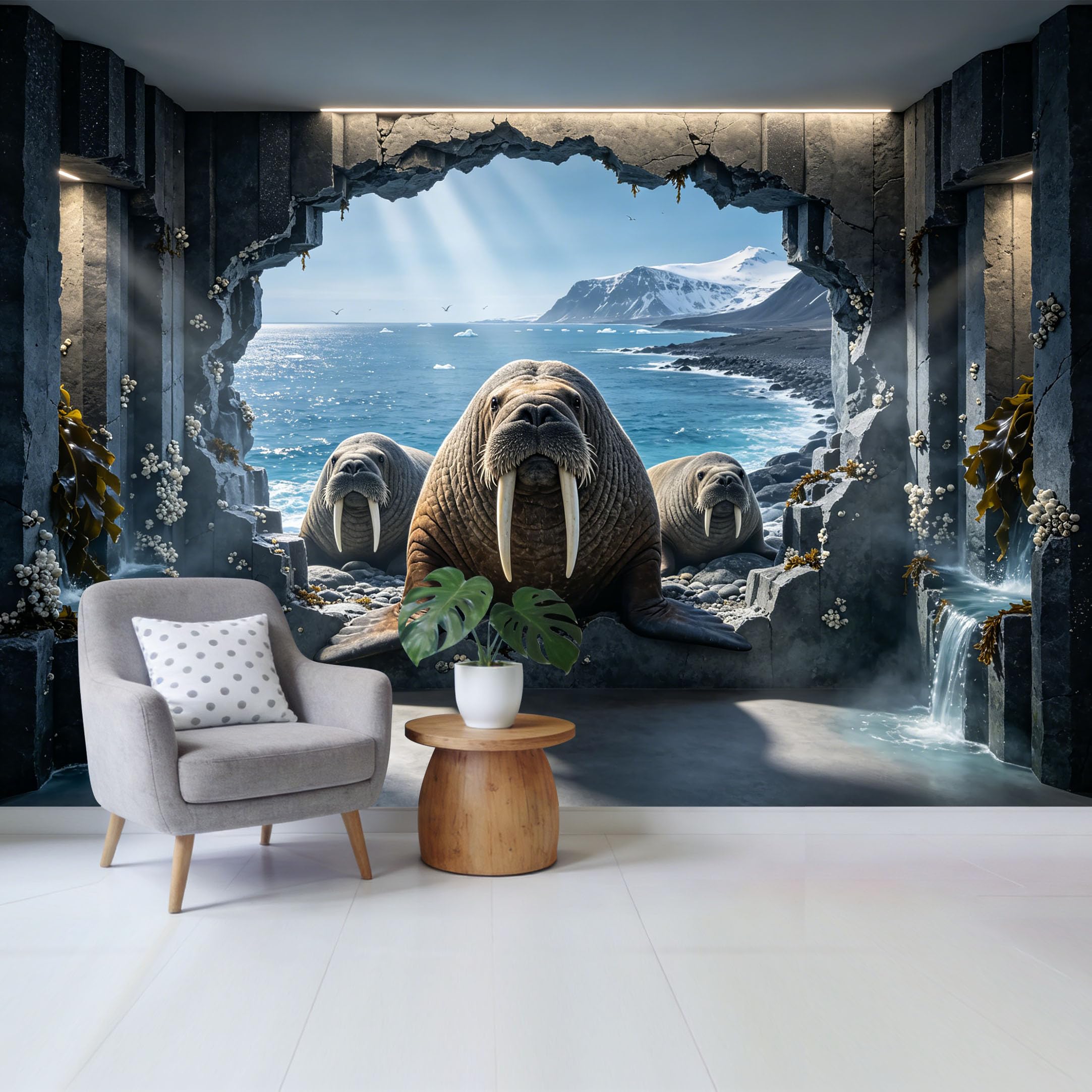 Custom Size Wall Mural Arctic Walrus Ocean Landscape 3D Trompe l’oeil Removable Self Adhesive Fabric Home Wall Decor for Living Room Bedroom Bathroom
