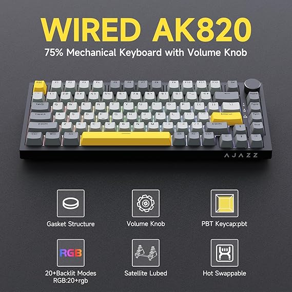 لوحة مفاتيح ميكانيكية Ajazz AK820 TKL قابلة للتبديل بنسبة 75% مع مقبض للتحكم في مستوى الصوت، ولوحة مفاتيح كريمية سلكية مثبتة على الحشية، ومفتاح خطي مُزيَّن مسبقًا، وأغطية مفاتيح RGB مواجهة للجنوب، وأغطية مفاتيح PBT