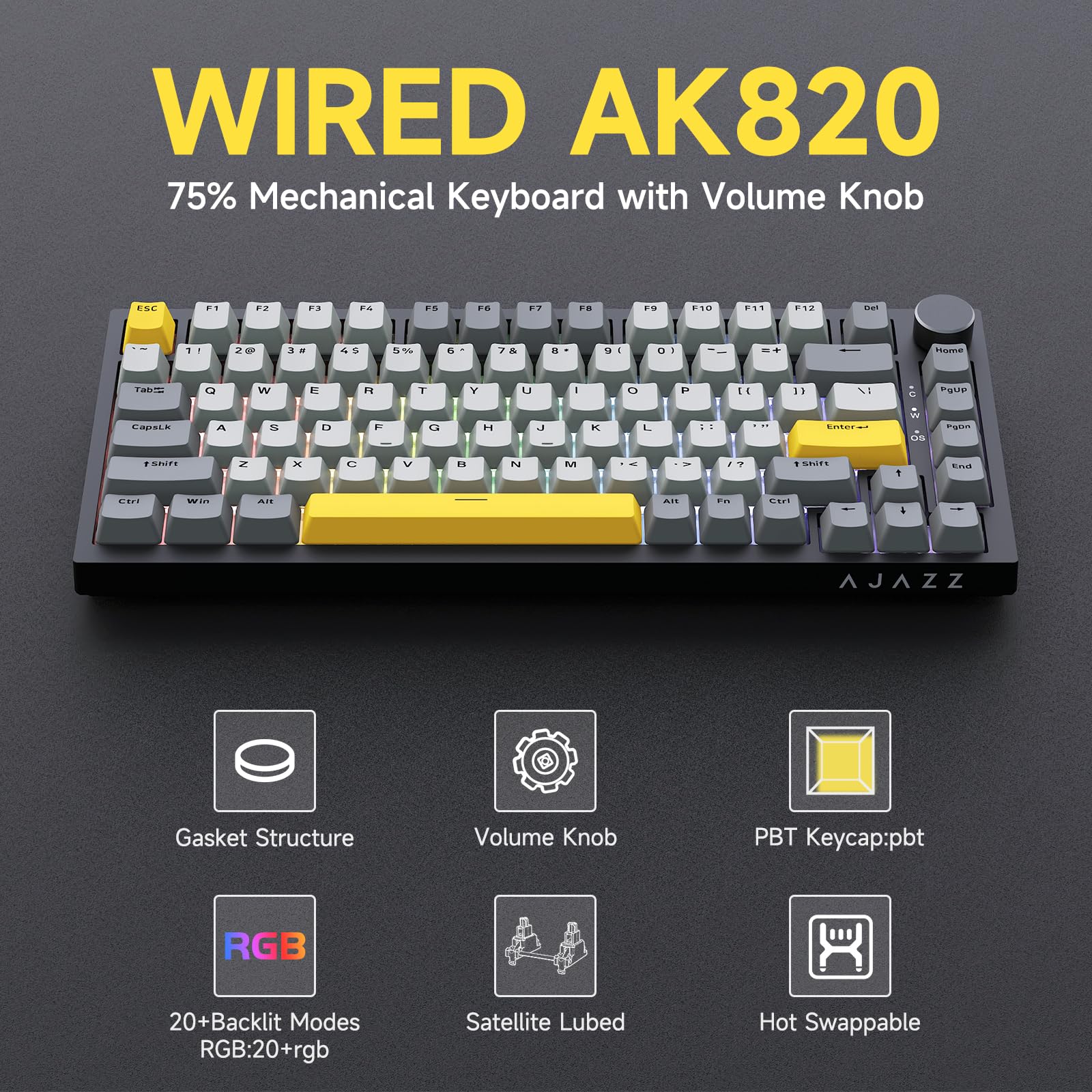 Ajazz AK820 75% Wired Gasket Mechanical Gaming Keyboard with Volume Knob - South Facing LED - PBT Keycaps - Programmable RGB Hot Swap Keyboard