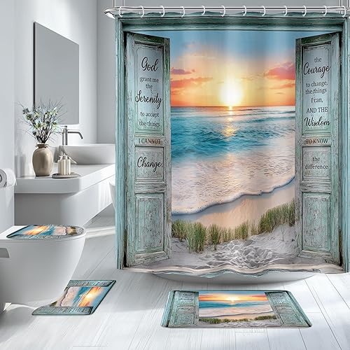 Miniatura 25 de Riyidecor - Cortina de ducha para puerta de granero con temática de playa oceánica gris para decorar el baño, 72 pulgadas de ancho x 72 pulgadas de