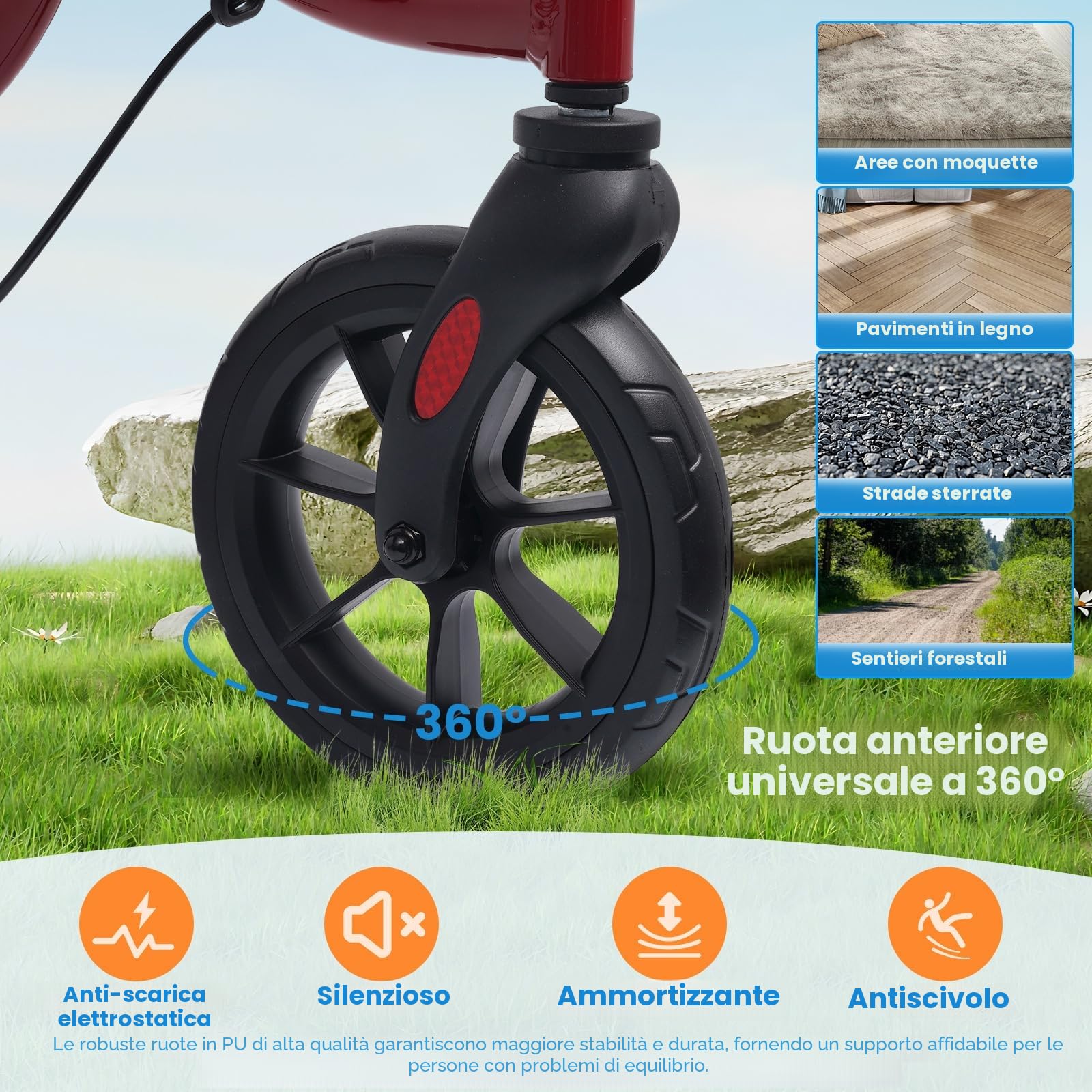 Deambulatore in Alluminio Ultraleggero con 4 Ruote: Rollator Stretto per la Casa, Deambulatore con Seduta Pieghevole per Anziani - Rollator da Viaggio con Maniglia Regolabile in Altezza (Rosso)