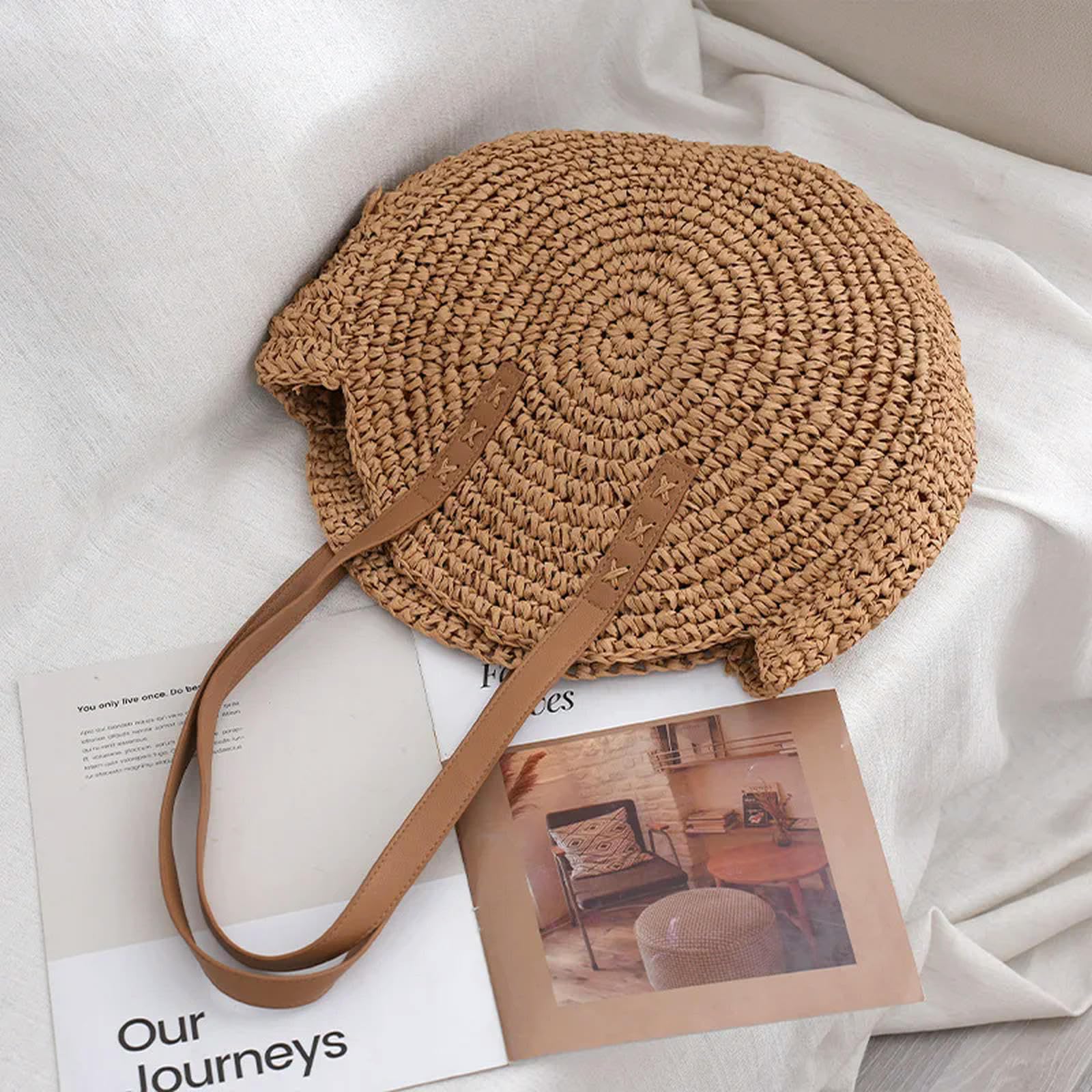strohtaschen Damen Runde Stroh Beach Bag Vintage Handgewebte Umhängetasche Rattan Tasche Sommer Urlaub Casual Bag-beige