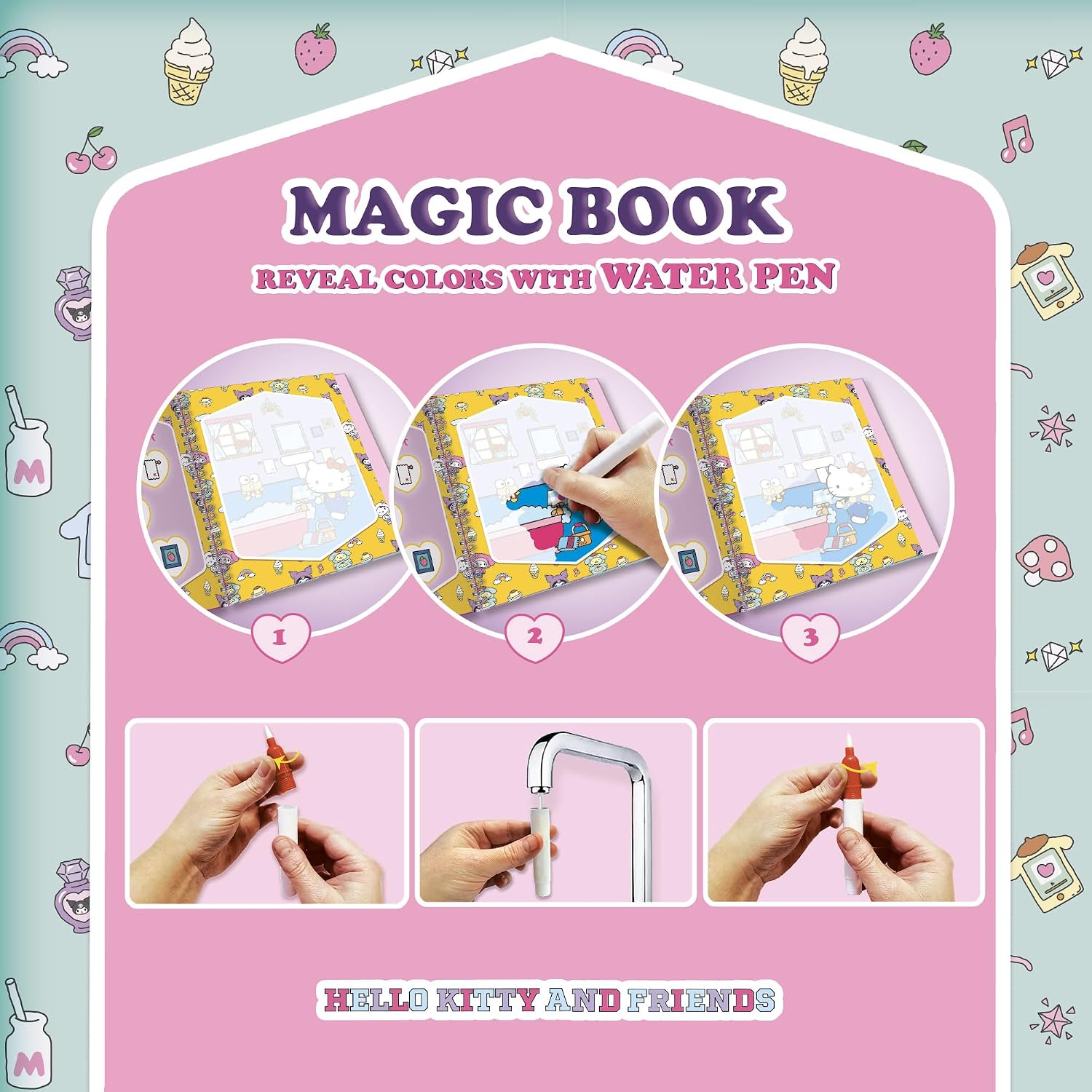 Lisciani Hello Kitty and Friends волшебная многоразовая водяная книжка для детей от 3 лет развивающая игрушка с 12 страницами и водяным фломастером творческая книжка для занятий без грязи