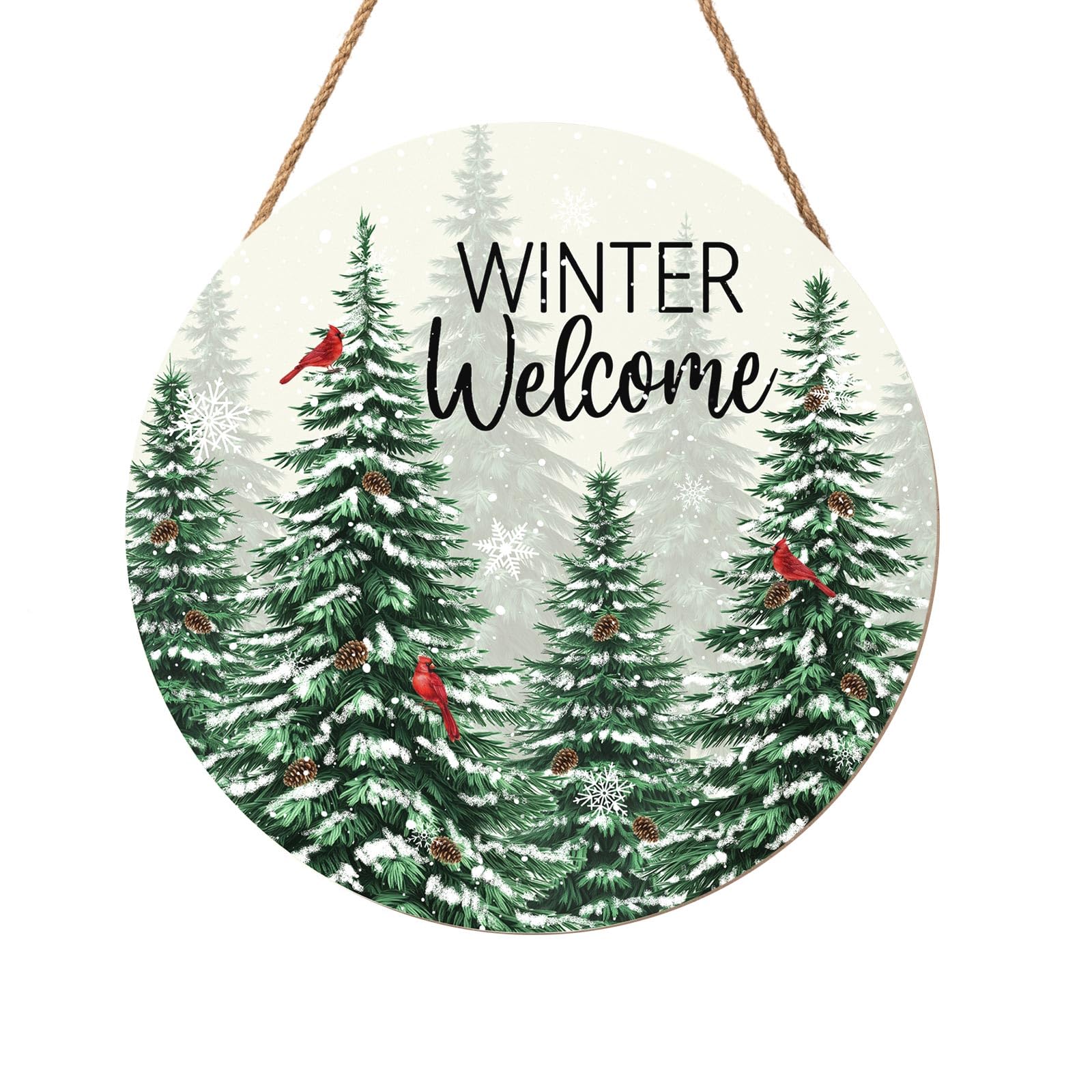 Winter Welcome Sign for Front Door Christmas Cardinal Bird Wood Door Hanger for Outdoor Outside Porch Snowflake Pine Trees Round Hanging Signs Holiday Decor for Home Wall Porch Yard 12"x12"