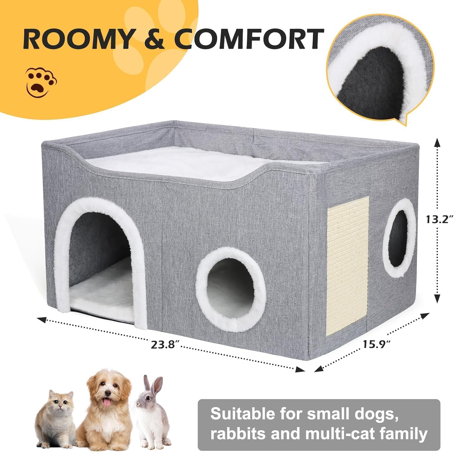 سرير للقطط من تيك هوم، كهف كبير للقطط على شكل بيت للحيوانات الأليفة مزود بكرة معلقة ناعمة ولوح خدش، كهف سرير مغطى وقابل للطي لبيت القطط