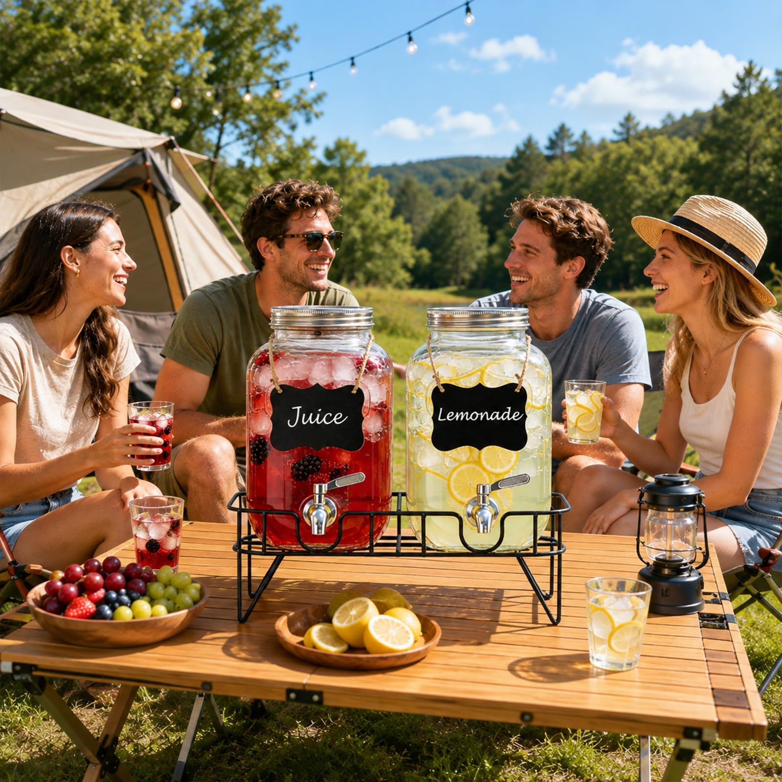 Getränkespender aus Glas mit Ständer, Edelstahlauslauf und Fruchteinsatz, für Partys, Grillabende, Eistee, Limonade und mehr, 2 Stück