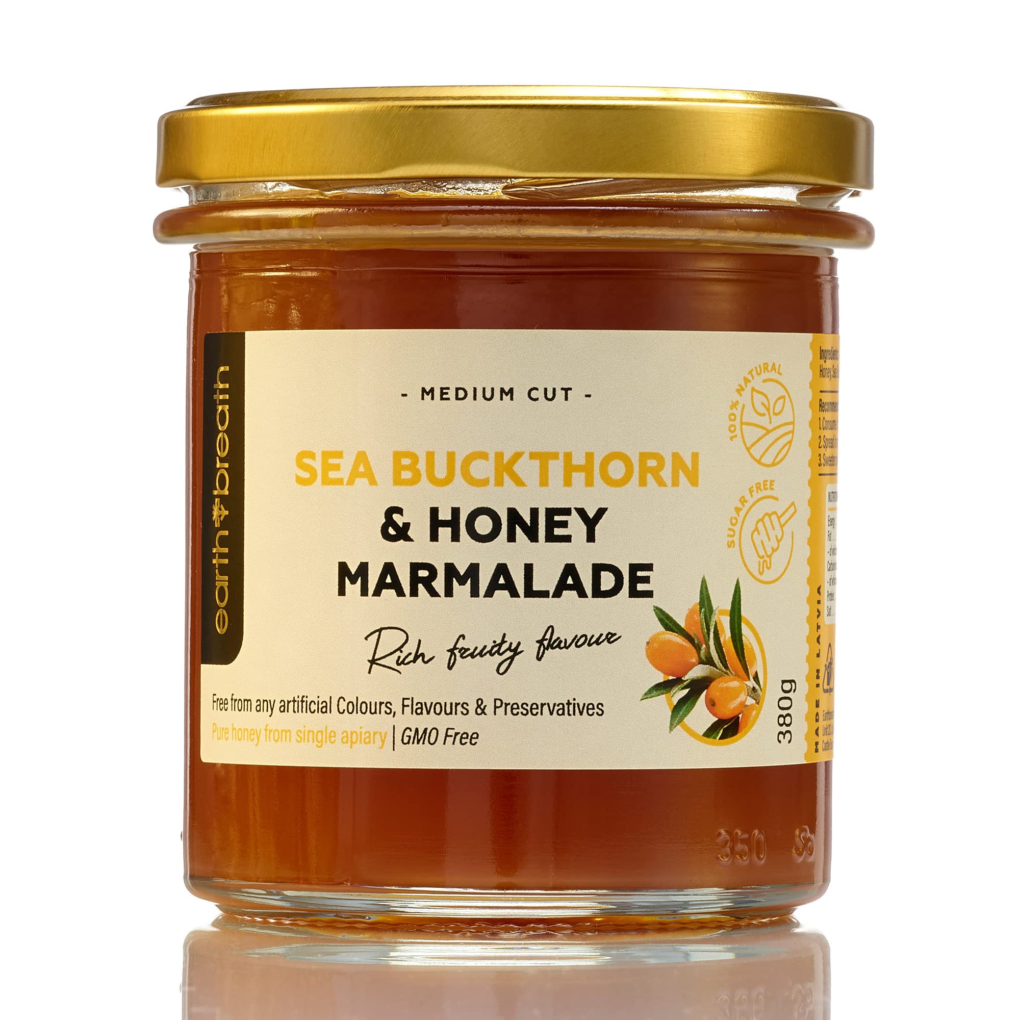 Marmalade - Sea Buckthorn & Honey - 380g - Sugar-free, Natural, Pure - Berries - Vegan Gelling Agent - Medium Cut - Free From Gelatine, Preservatives or Any Artificial Additives