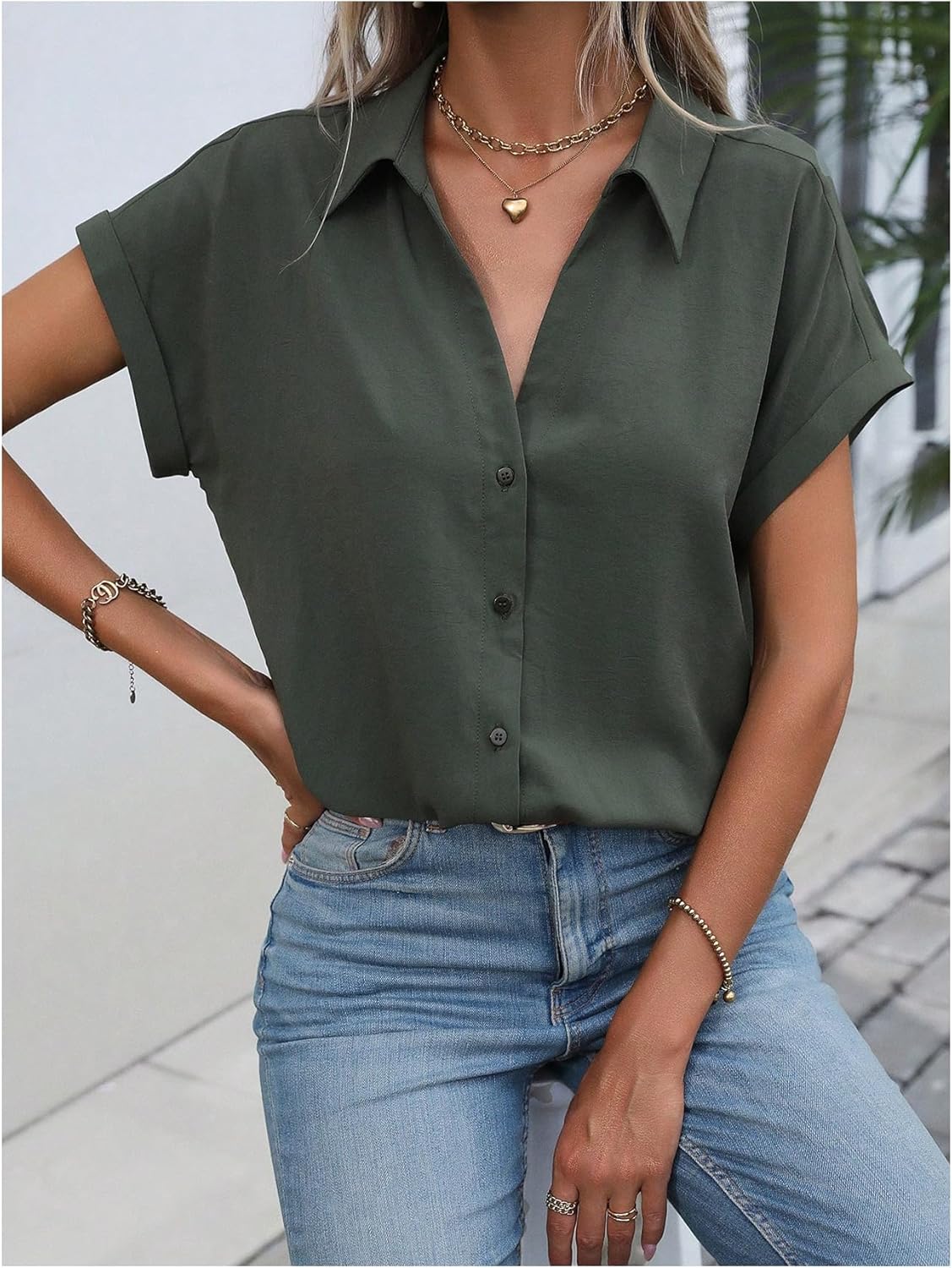 WDIRARA Women's Short Sleeve Button Down Shirt Collared Blouse Work Business Tops - Image 4