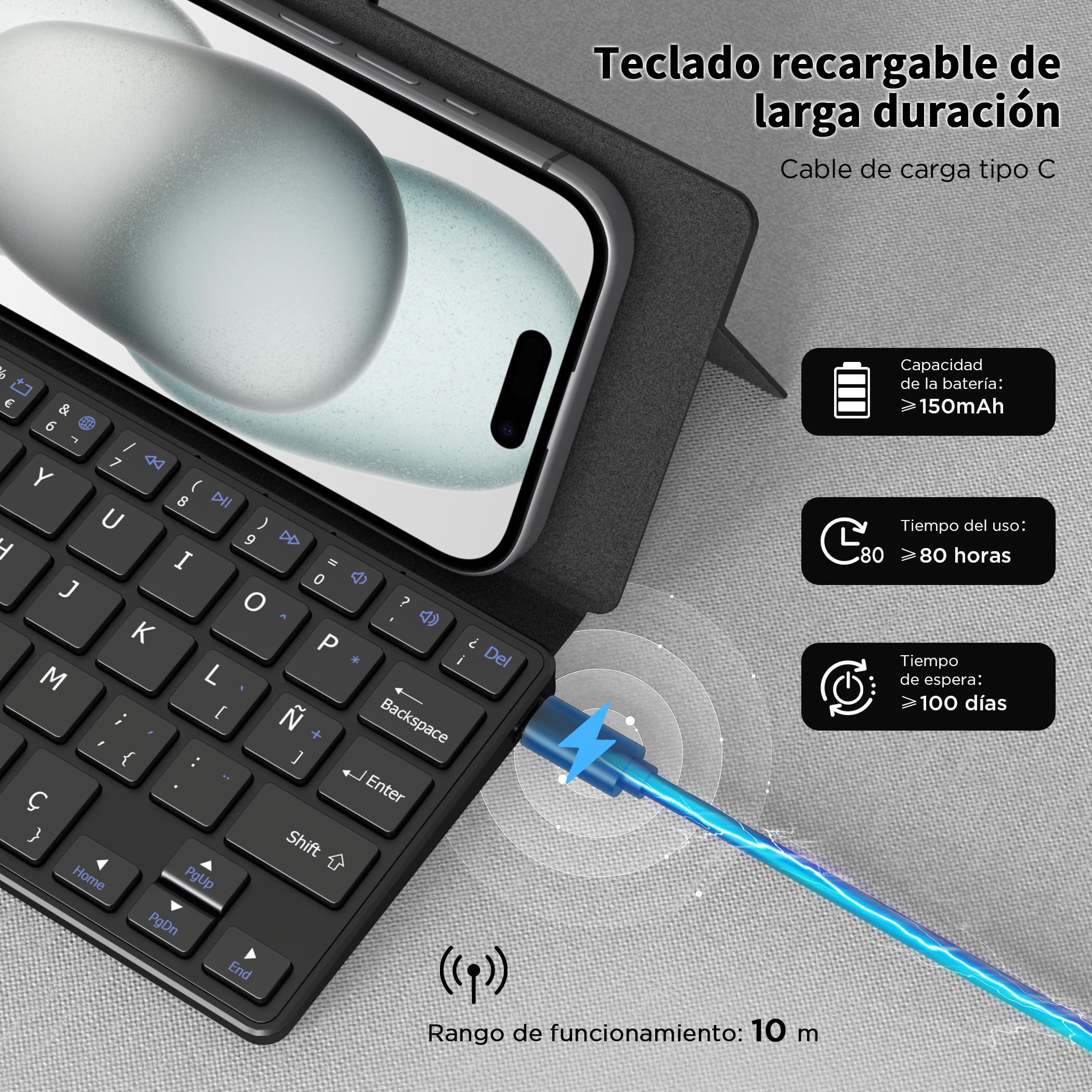 CACOE Teclado Bluetooth con Soporte, Mini Teclado para iPad, [Español] Portátil, Plegablede Doble Canal para Tablet/iPhone/iOS/Android Tablet/Windows, Negro