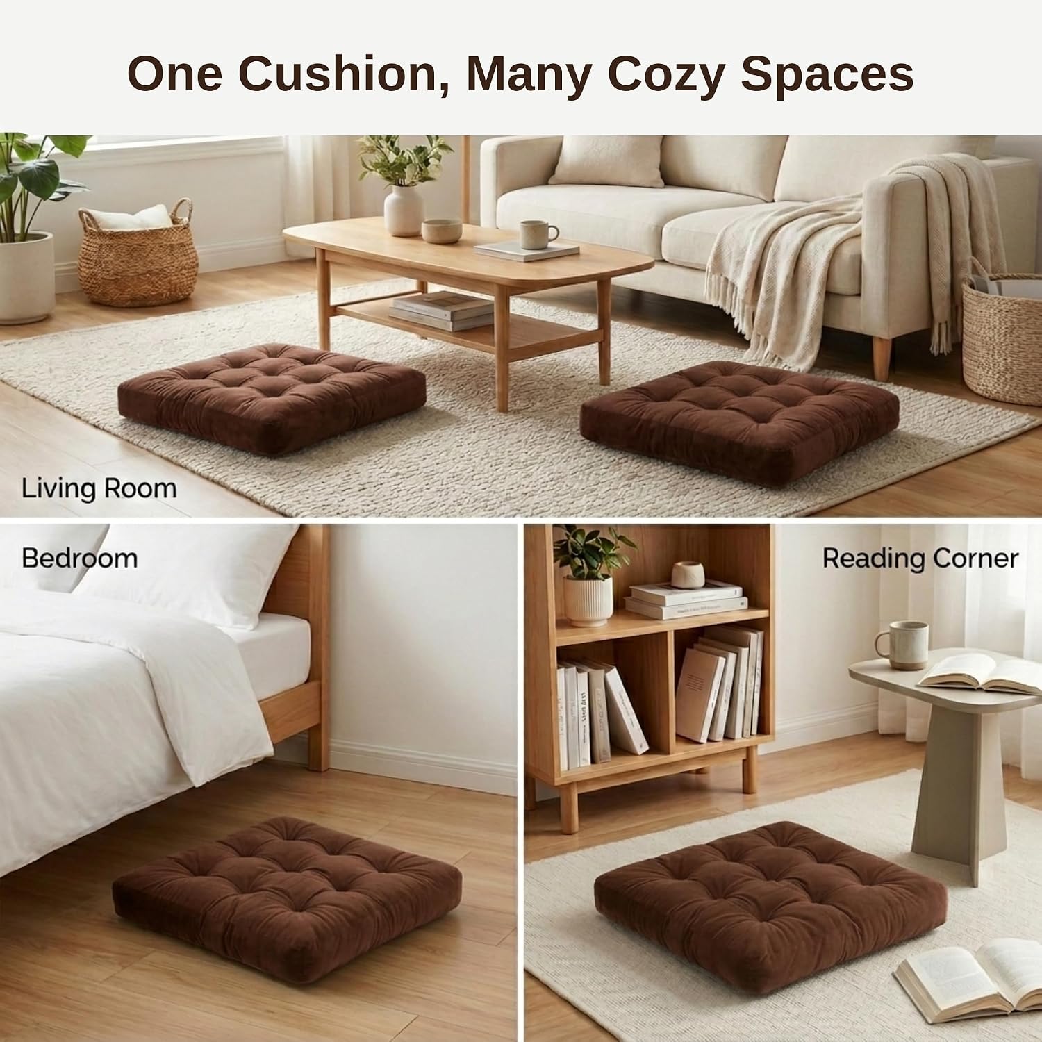 Floor Pillow for Adults, Soft Velvet Floor Cushion for Sitting, Single Square Tufted Floor Pillow for Reading Nook, Living Room, Bedroom, 22 x 22 Inch, Brown