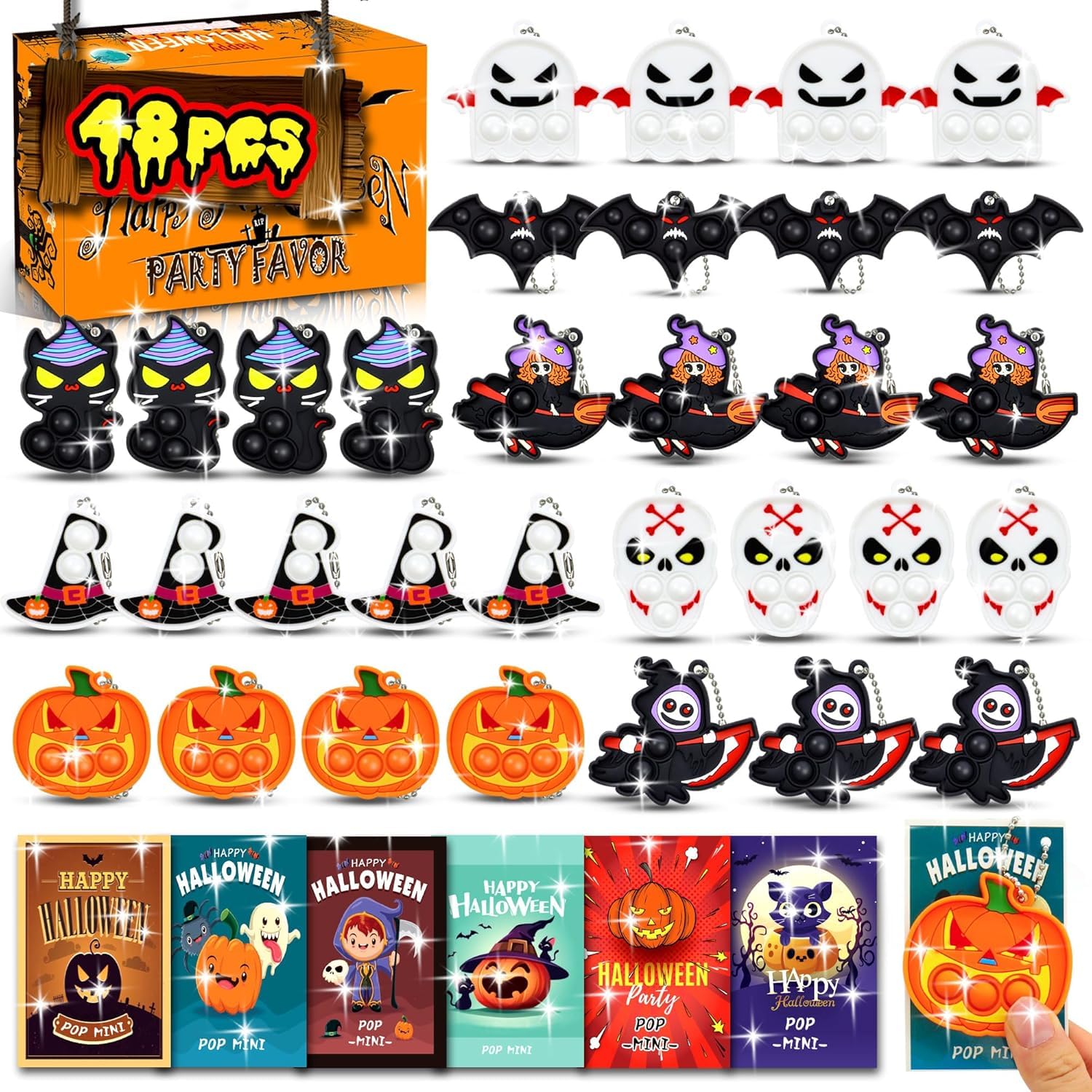 48 PCS Halloween Keychain Pop Fidget Toys Pack, Halloween Party Favors Supplies for Kids 4-8 8-12, Relieves Stress Anxiety Toys Pop Keychain Bulk, School Classroom Reward