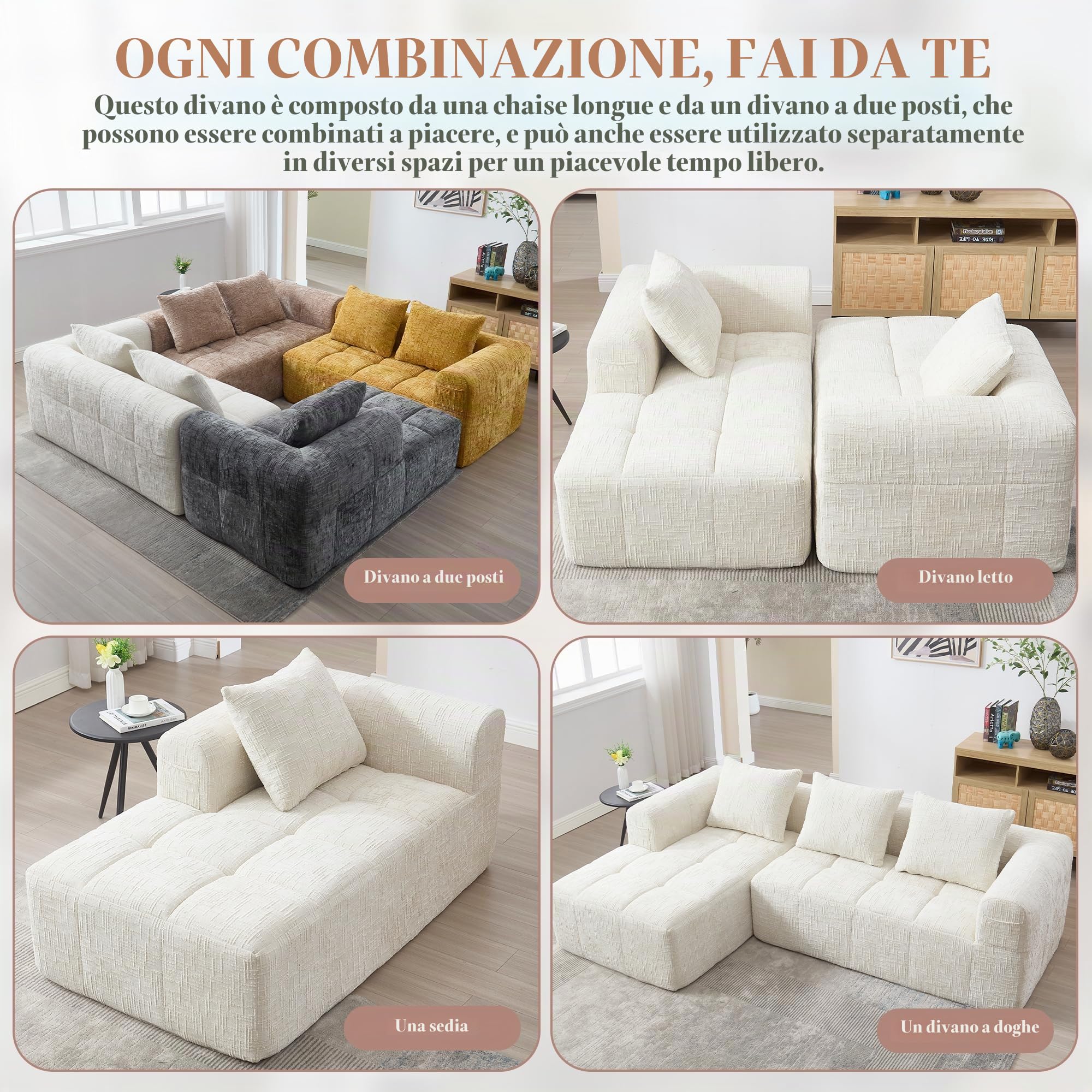 Divano angolare estensibile da 250 cm, divano letto angolare modulare a forma di L, divano compresso, divano a 3 posti con cuscini, tasca laterale, divano a 2 posti + angolo, Beige