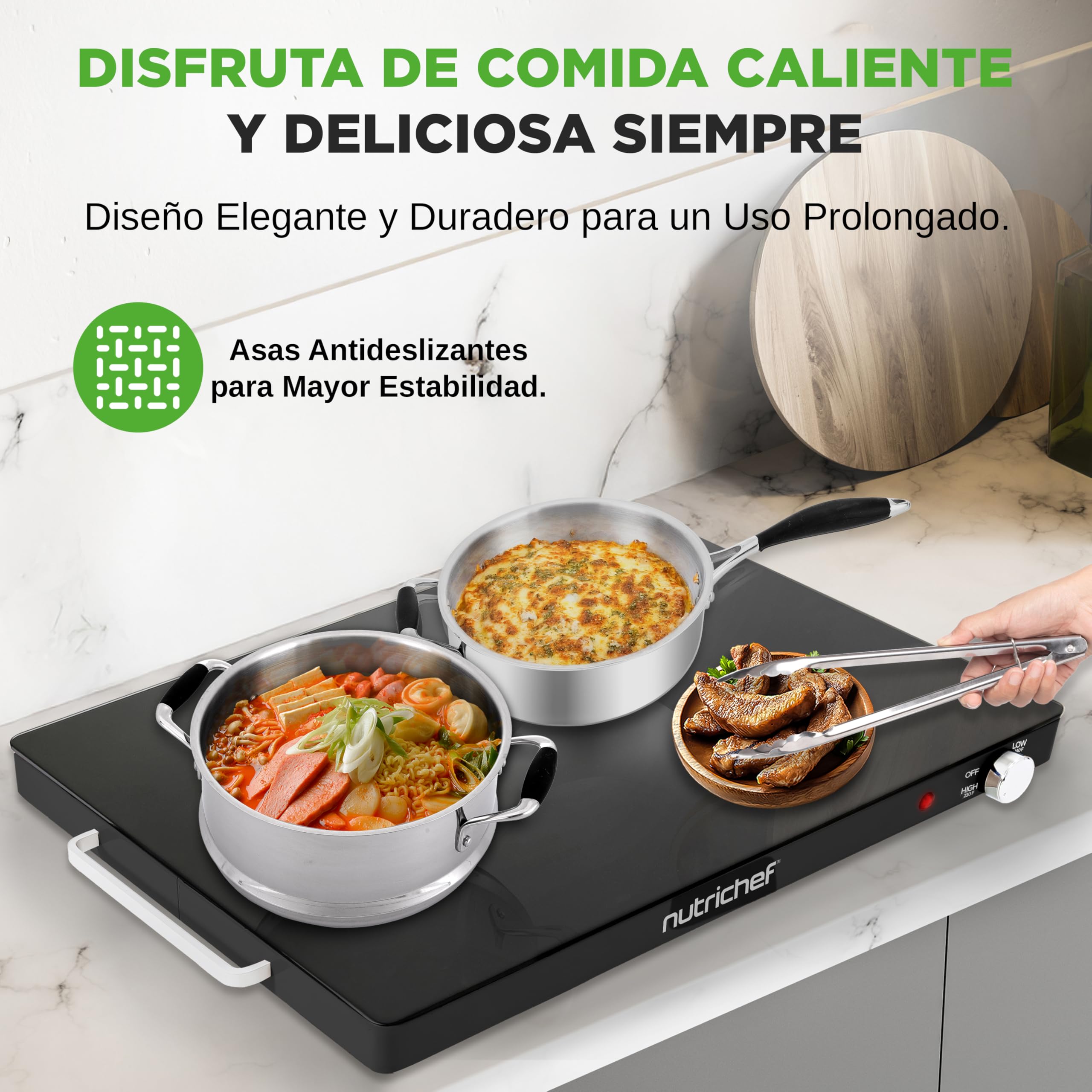 Nutrichef Bandeja Electrica, Hot Plate, de Servicio con Superficie de Vidrio, Temperatura Ajustable, Ahorro de Espacio, Ideal para Buffets, Fiestas y Mas