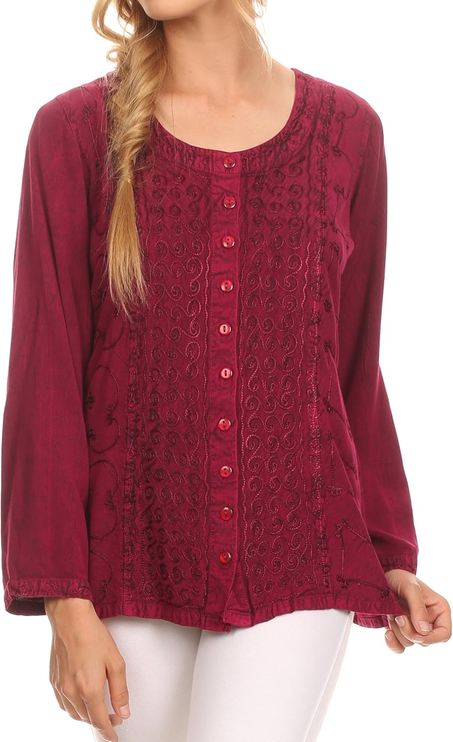 Sakkas Fedella Deep Scoop Neck Long Sleeve Blouse Top with Adjustable Back Straps
