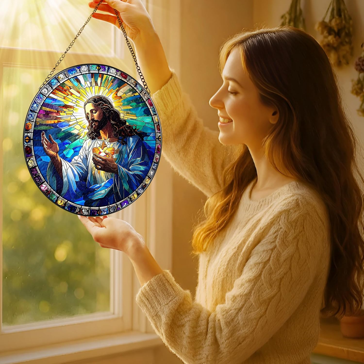 8'' Jesus Christ Suncatcher Ornament, Stained Glass Window Hanging, Christian Home Decor, Religious Decor, Gifts for Christian, Gifts for Christmas, Religious Gift - Image 2