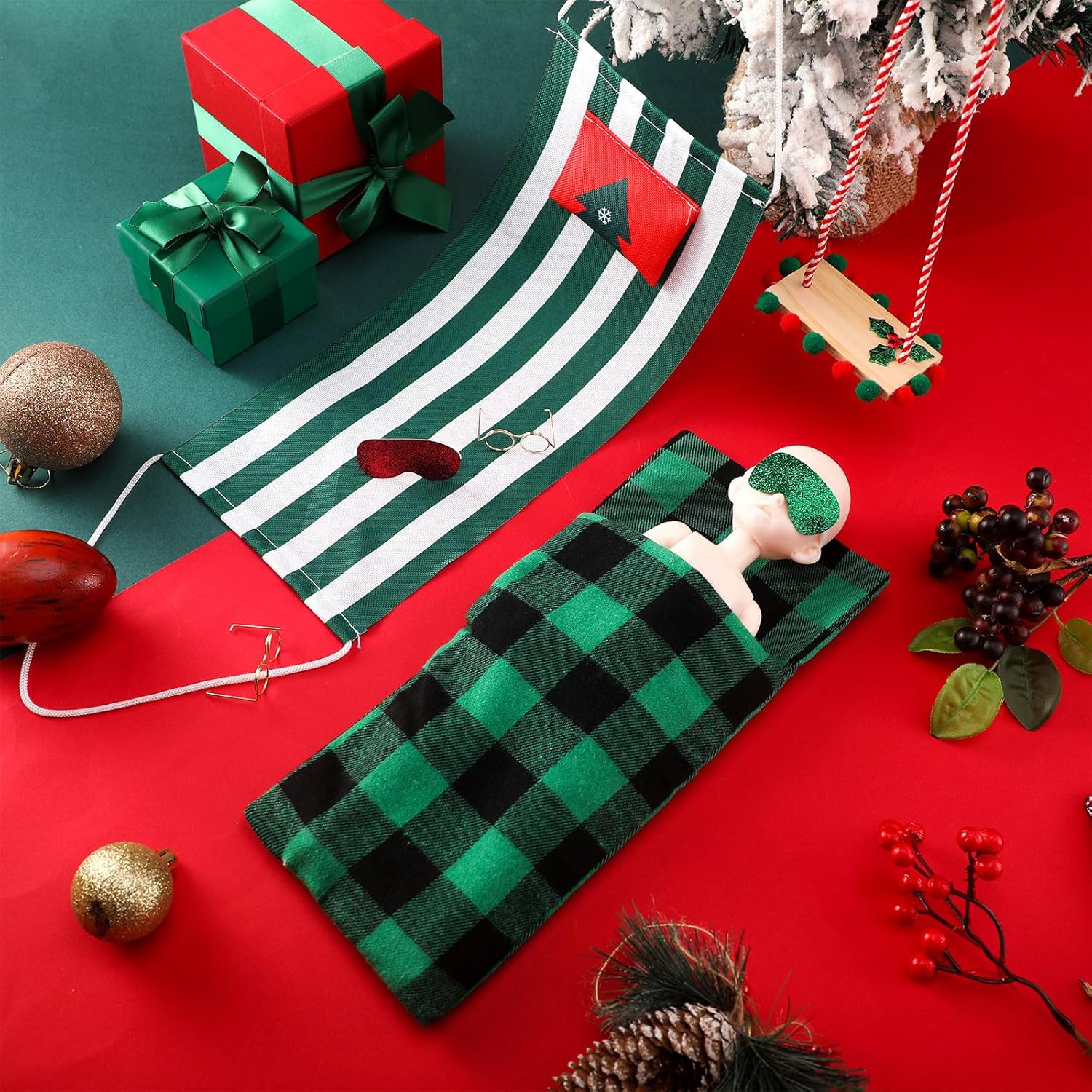 Liliful 10 Pcs Christmas Doll Accessories Set with Christmas Doll Sleeping Bag Hammock, Pillow, Glasses, Eye Mask, Swing Accessories for Xmas Decor