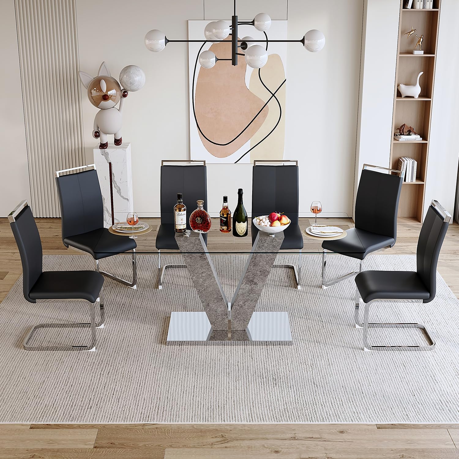 Gopop Glass Dining Room Table Set for 6, Grey Dining Table with 6 PU Leather Dining Chairs, 71'' Kitchen Table with Natural Marble Textured Pillars