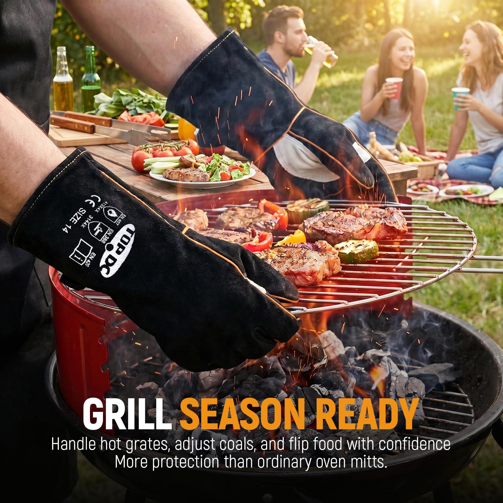 TOPDC Schweißerhandschuhe 35 cm – Hitzebeständige Lederhandschuhe für MIG, TIG, Elektrode, Schmiede, BBQ, Grill, Kamin, Holzofen, Ofen & Feuerstelle