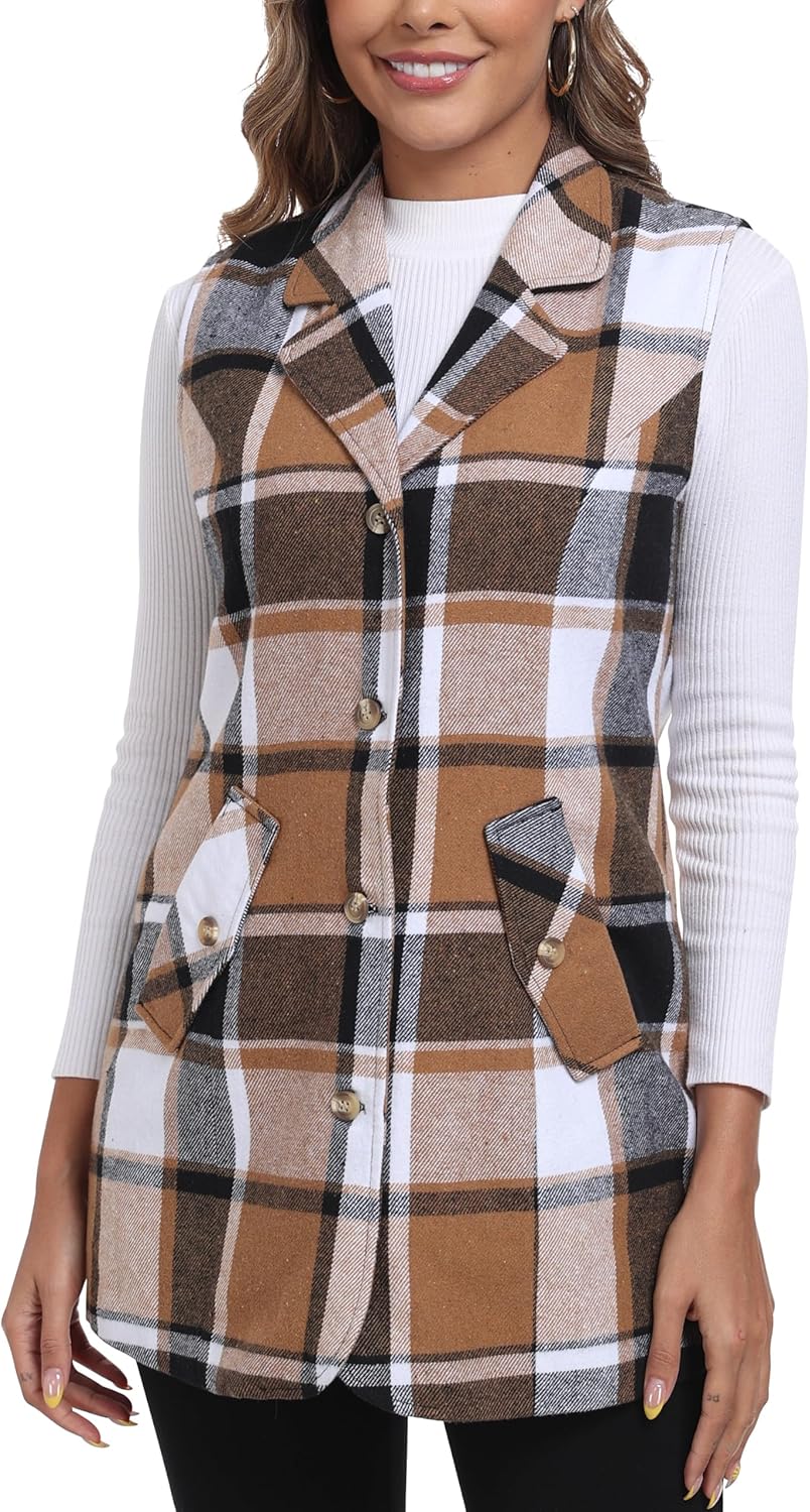 MoFiz Womens Long Flannel Plaid Vest Fall Winter Button Down Sleeveless Blazer Jackets Cardigan Coat Outerwear With Pockets - Image 4