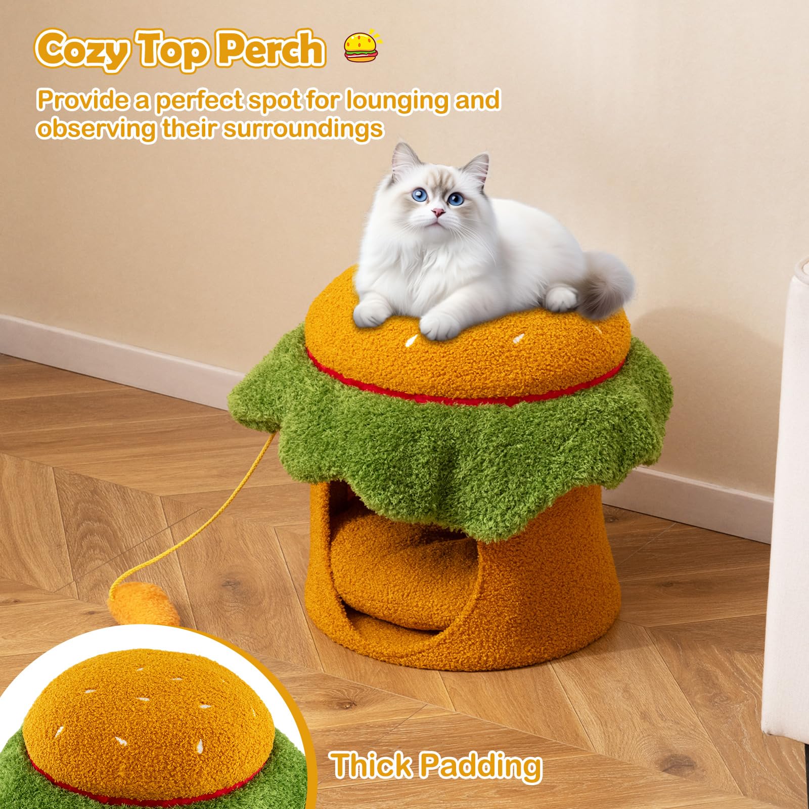 COSTWAY Cama para Gatos para Interior, Casa para Gatos en Forma de Hamburguesa con Percha Acolchada, Juguete Colgante de Peluche, Cojín Desmontable y Lavable, 37x37x41 cm, Cueva para Gato