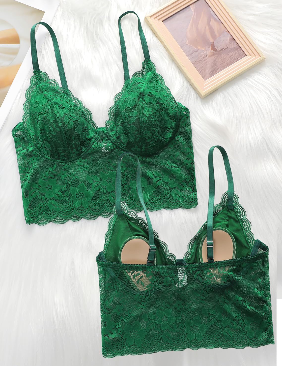 Viomisha Lace Bralettes for Women Sexy Scalloped Trim Bra No Underwire Adjustable Padded Bra Deep V Neck Bralette - Image 5